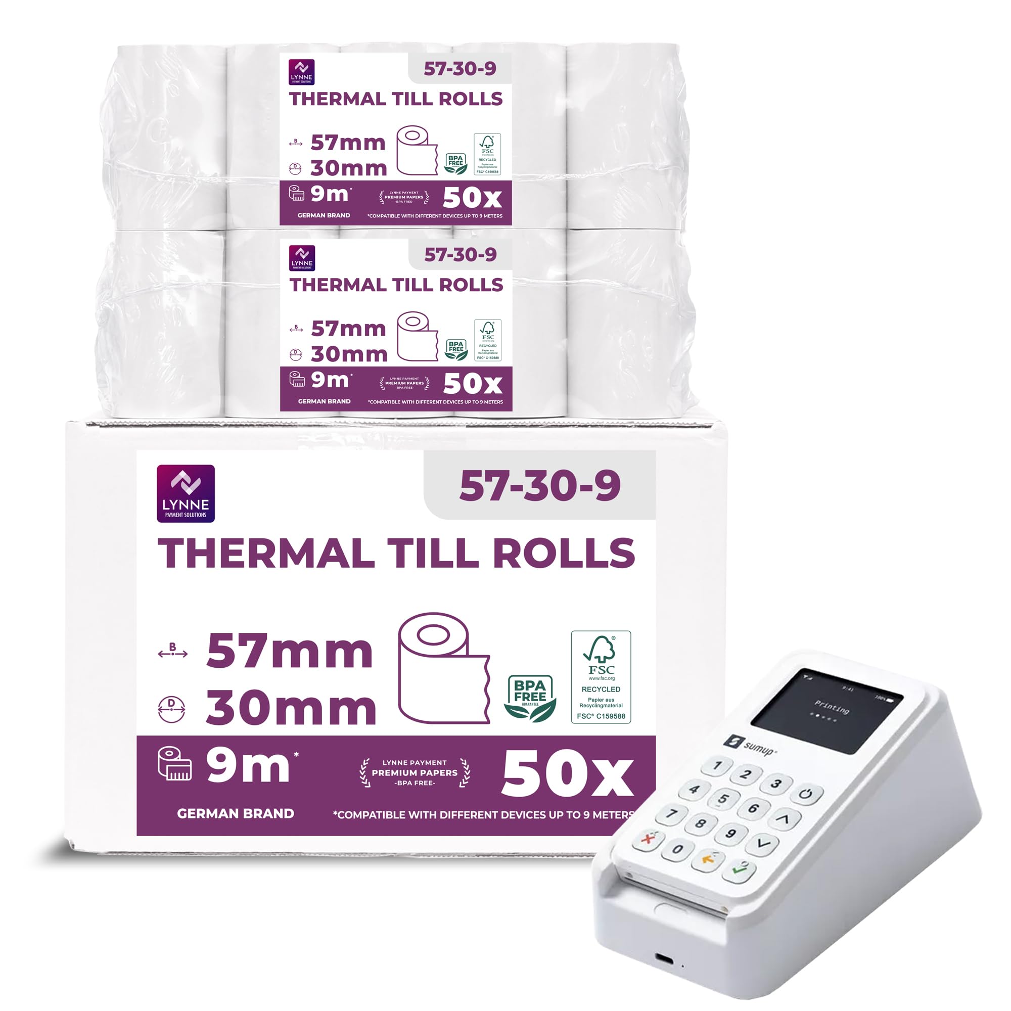 LYNNE - Rouleau TPE Carte Bancaire 57x30x12 - Bobine papier thermique 57mm x 9m x 12mm - Papier Rouleaux TPE - Rouleau CB thermique 57mm - sans BPA - [50x]