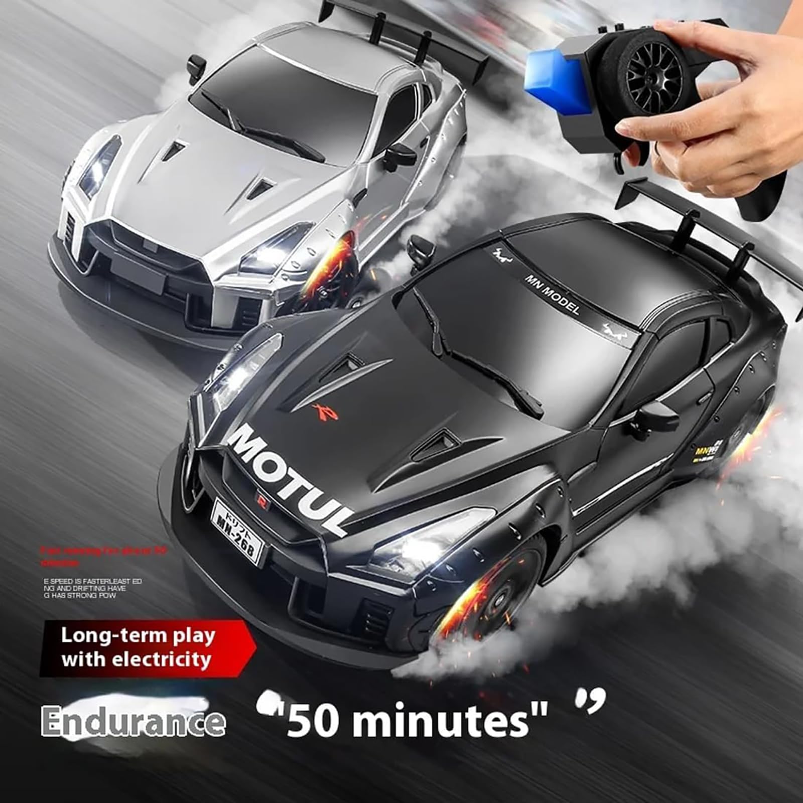 RC Drift Car dla dorosłych, zdalnie sterowany model samochodu wyścigowego w skali 1/16 2,4 GHz, RC Drift Vehicle z podwójną prędkością, podwójnymi oponami i światłami LED,Silver,1 Battery