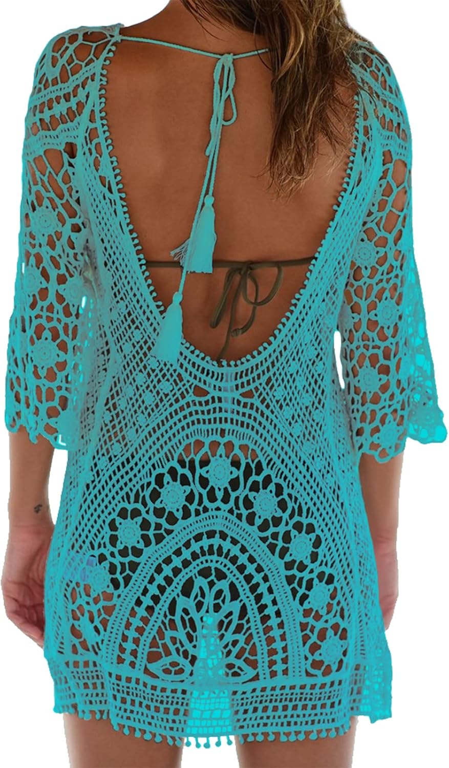 Beach Dresses Women's Short Dress Swimsuit Bikini Lace Crochet Cover Up Backless Green