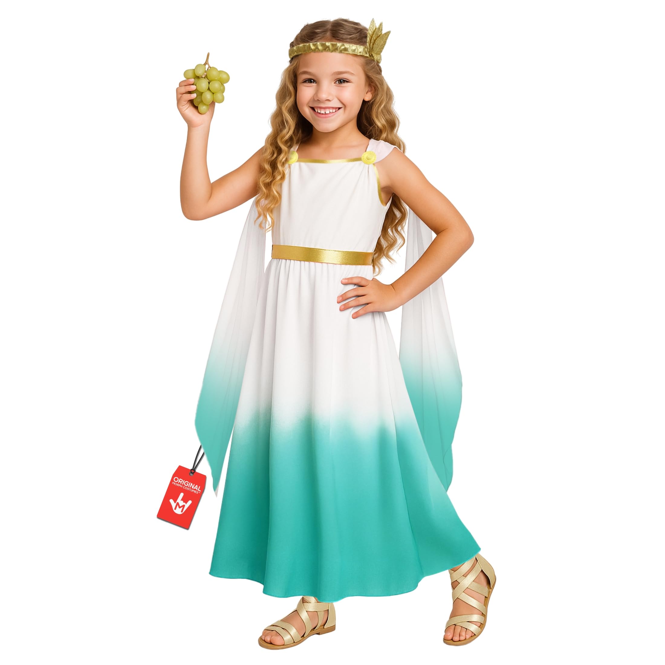 Morph Teal Greek Goddess Costume Girls, Greek Goddess Halloween Costumes for Girls Ombre Toga Costume Kids 7-9 Years