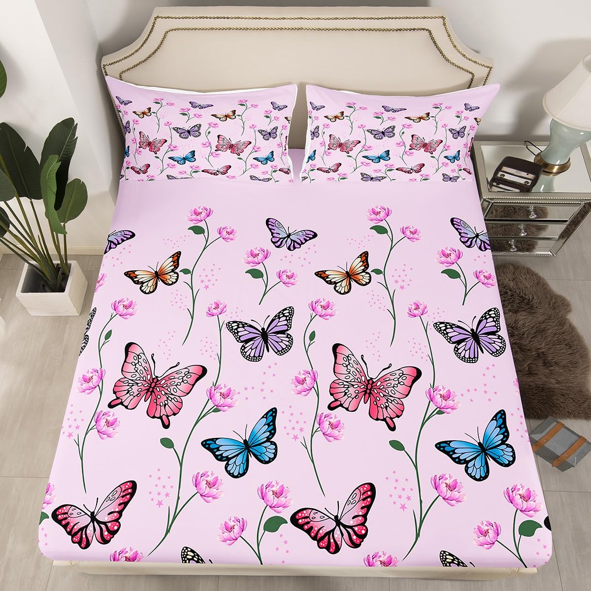 Homemissing Butterfly Bed Sheet Set King Size for Adults Girls Women Teens Butterflies Print Bedding Set Botanical Floral Printed Sheet with Deep Pocket Fitted Sheet+2 Pillowcase Animal Pink Sheet Set - Image 4