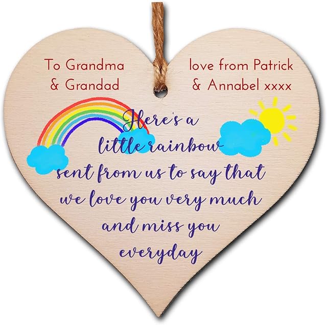 The Plum Penguin Personalised Handmade Wooden Hanging Heart Plaque Gift heres a little rainbow love you miss you long distance wall hanger cute rainbow design for family friends grandparents