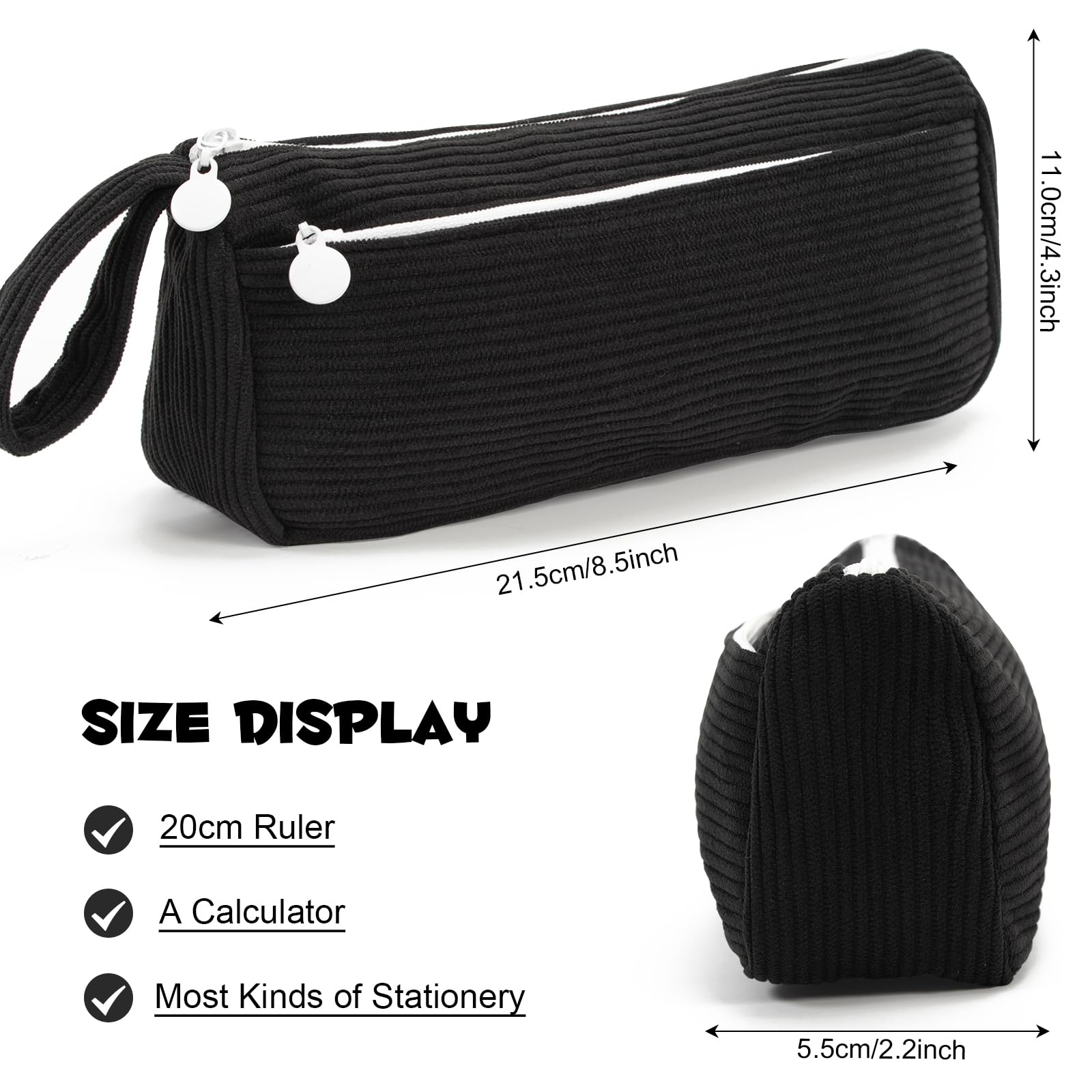 Vinuwu Pencil Case Corduroy Cute Pencil Pouch Aesthetic Pencilcase with Practical Zip Makeup Bag Stationery Pouch for School Teenage Boys Girls (Black) - Image 2