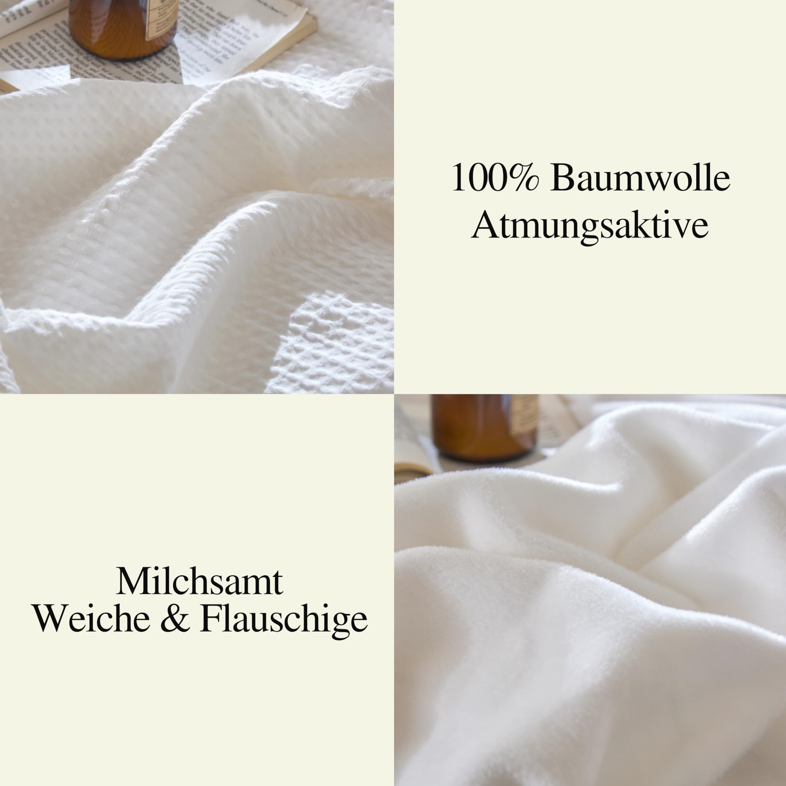 CHUFFED Baumwolldecke Kuscheldecke 220x240 cm, Beidseitig Baumwolle Waffledecke & Milchsamt, Weiche Flauschige Warme Anti-Static Tagesdecke Sofadecke Couchdecke Wohndecke Für Sofa Couch Bett Weiß