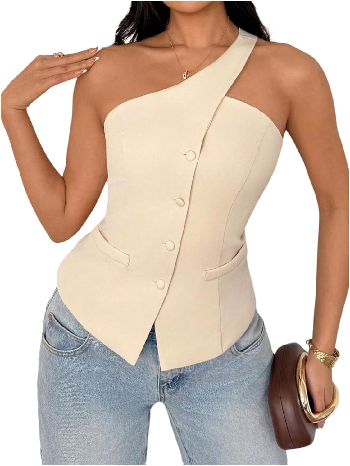 Floerns Women's One Shoulder Sleeveless Suit Vest Blazer Button Down Business Casual Waistcoat