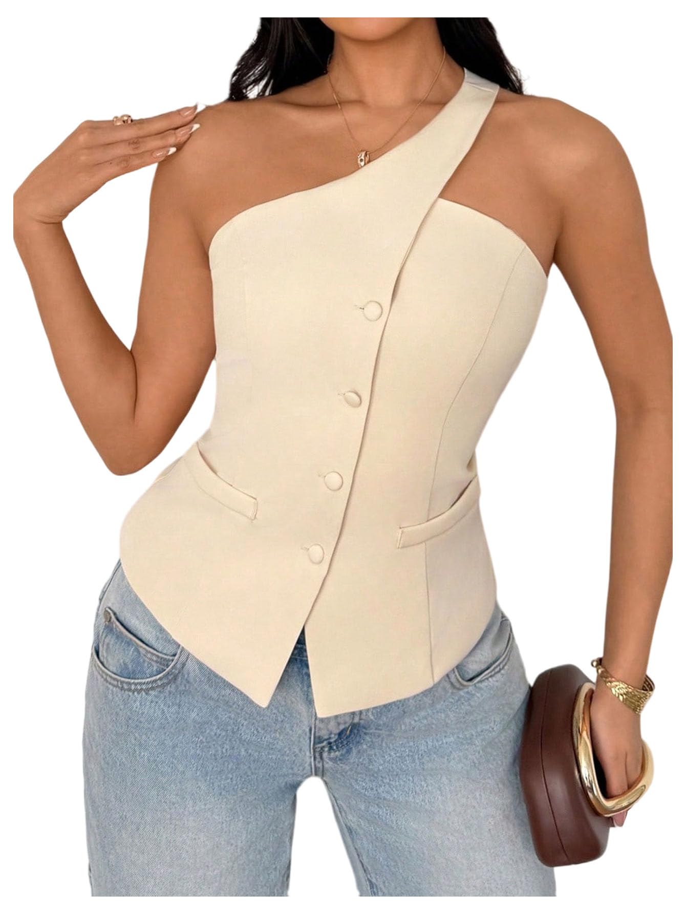 Floerns Womens One Shoulder Sleeveless Suit Vest Blazer Button Down Business Casual Waistcoat