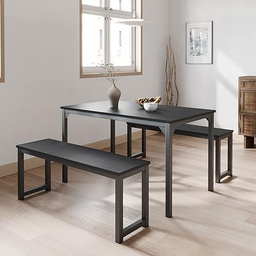 ikalido Dining Table Set, 3-Piece Modern Kitchen Dining Table for 4 with 2 Benches, Sturdy Structure & Space-Saving Dinette Furniture for Kitchen,Dining,Living Room,Office,Restaurant, Black/Grey