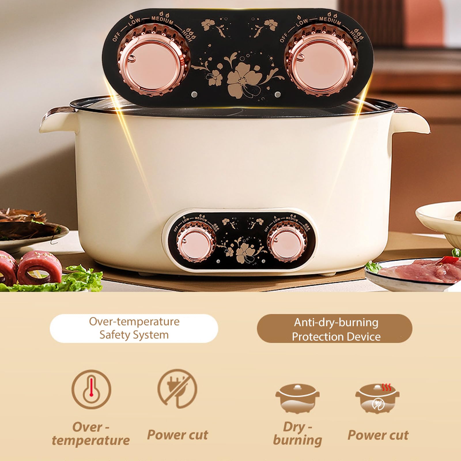 Hot Pot, pentola elettrica da 5 l, riscaldamento rapido, doppia manopola, 1350 W, rivestimento antiaderente, 3 livelli temperatura, zuppa pasta bistecca