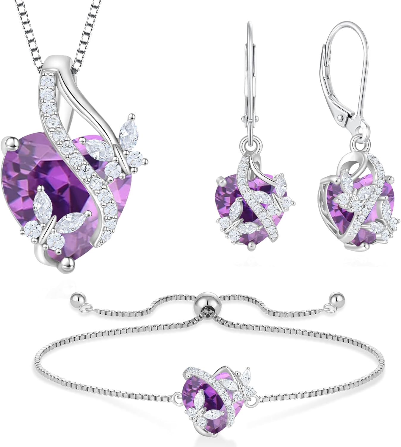 Sterling Silver Butterflies Created Amethyst Jewelry Set for Women Necklace/Earrings/Bracelet Gift