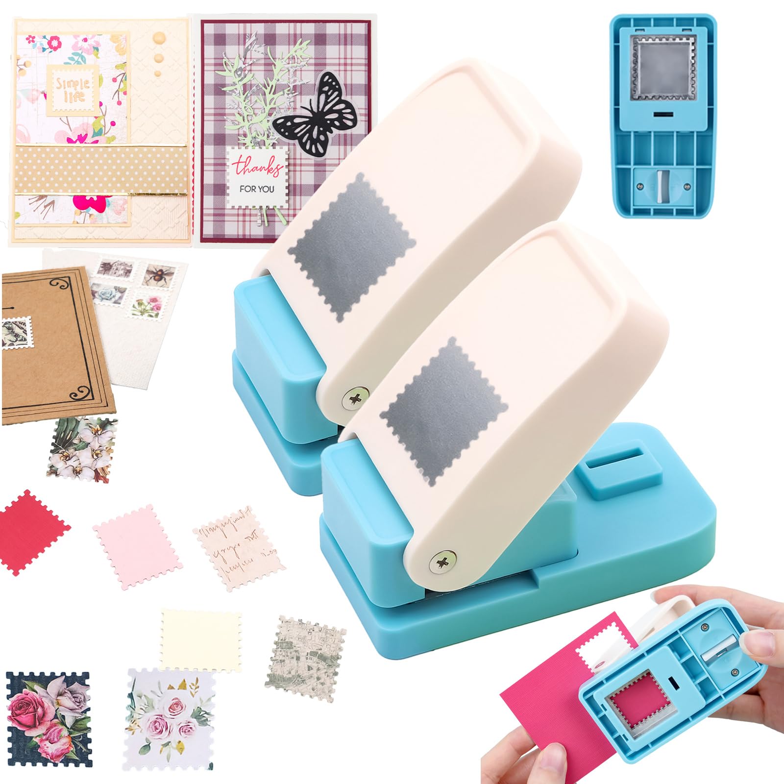 OTCRAFT 2PCS Stamp Puncher 1inch Square Postage Stamp Punch |Stamp Hole Puncher| Scalloped Rectangle Lever Action Paper Punches for Crafting Scrapbooking DIY Card Making Arts Crafts Supplies — image 1