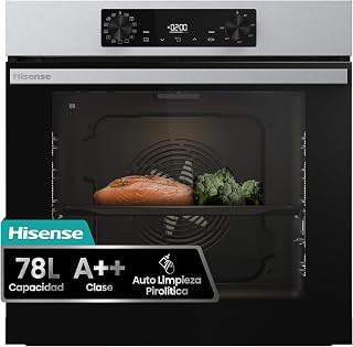 Hisense BI64216EPX - Horno Multifunción Pirolítico, Clase A++, 78L, Fondo 57cm, Guía Telescópica, Calentamiento Rápido, Apertura Y Cierre Suave de Puerta, Air Fry, Modo Pizza, Modo Congelados, Inox