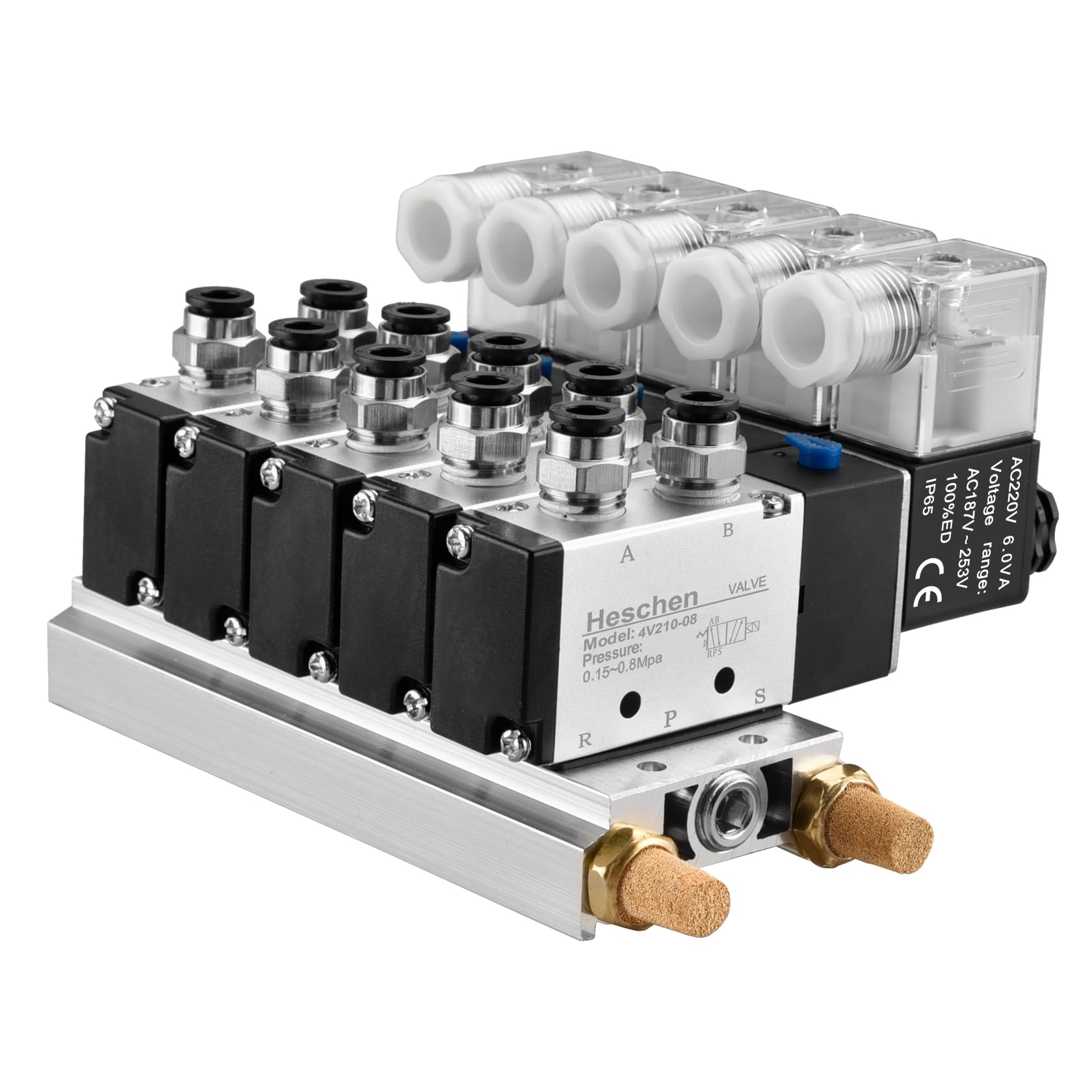 Heschen Válvula solenoide neumática eléctrica 5, 4V210-08, AC220V, PT1/4'', posición 5 vías 2, conjunto de accesorios rápidos del silenciador base del colector