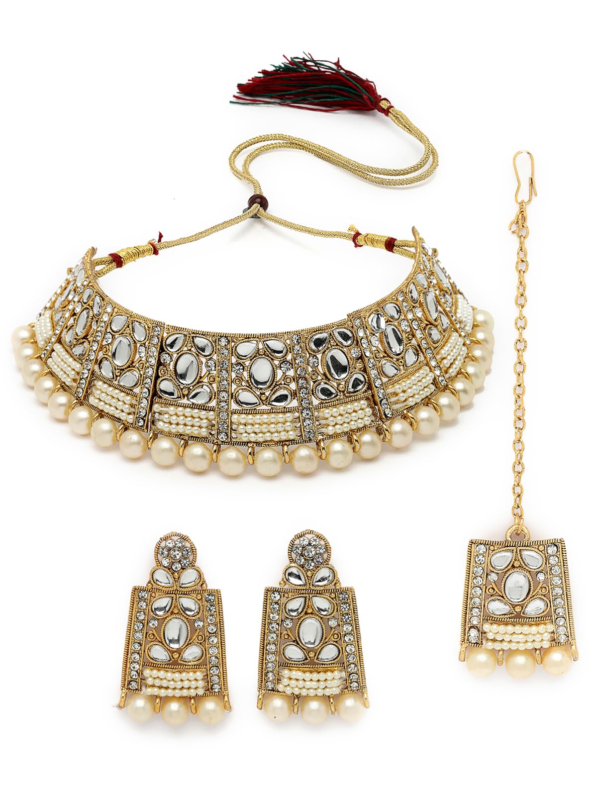Adorable Unique Stylish Rani Pink Stone Studded With Pearls Choker Necklace Set For Women-image-12
