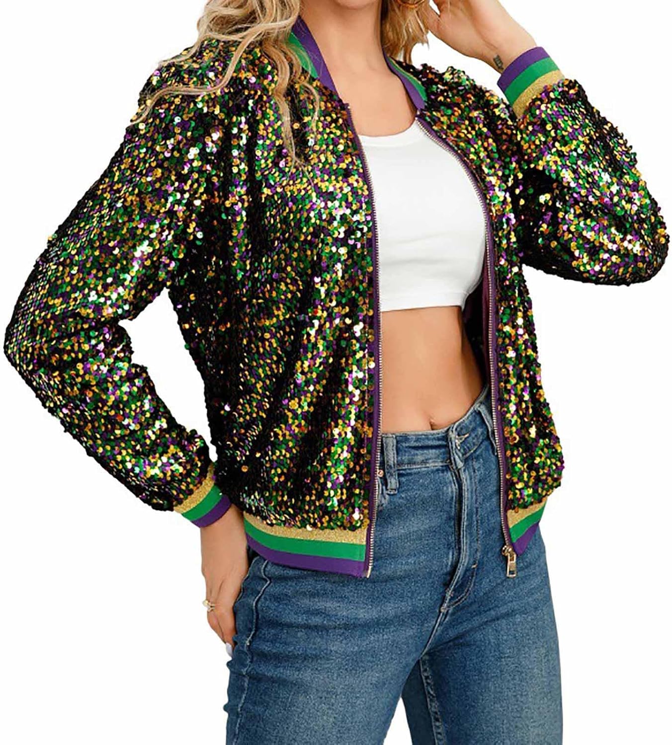 Carnival Festival Costumes for Women Mardi Gras Sequin Jacket Front Zip Up Glitter Bomber Jackets New Orleans Outfits