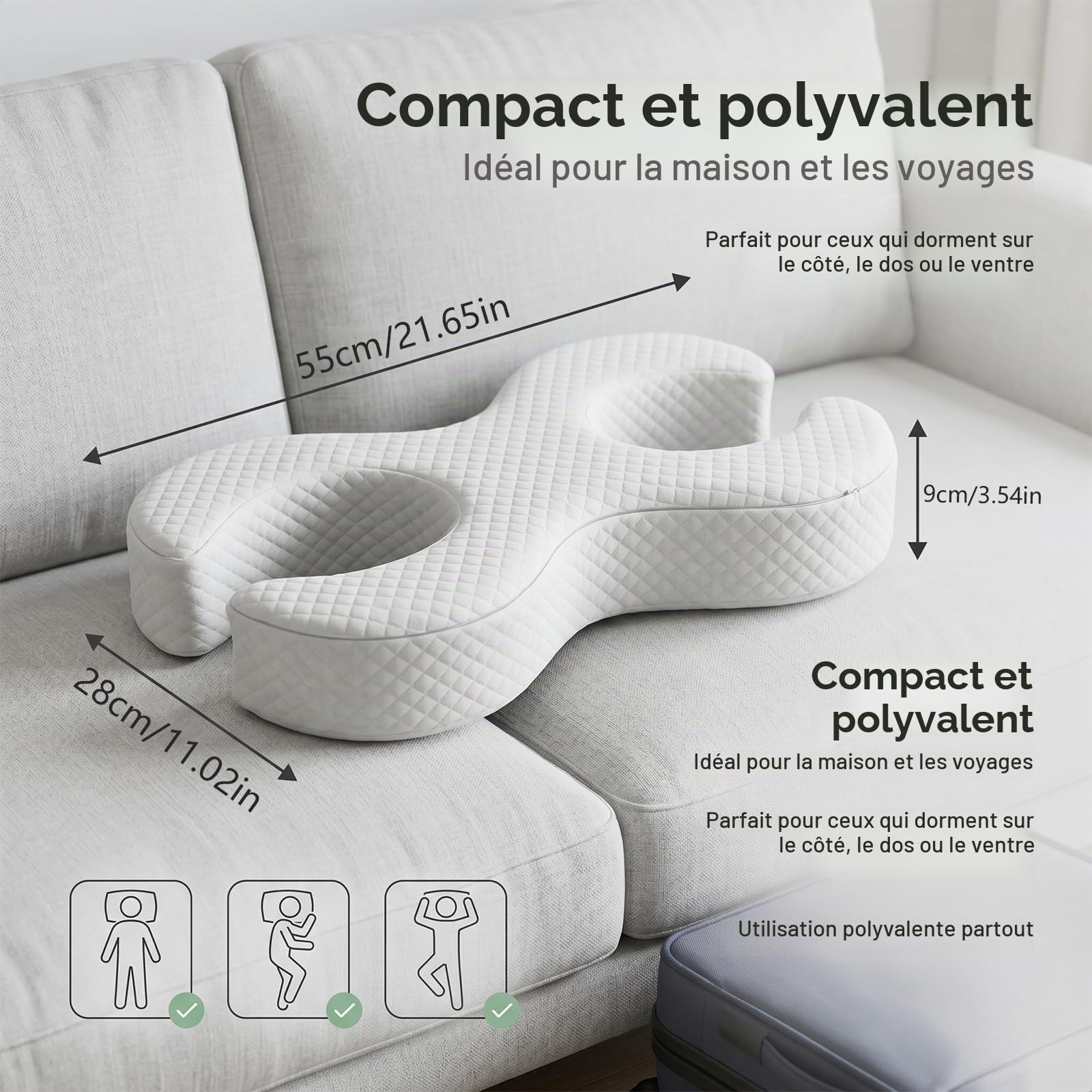 Oreiller Ergonomique Cervical, Oreiller Anti Rides Mémoire de Forme pour Dormir, Coussin Cervical avec Design U pour Dormeurs sur Le Côté, Dos et Ventre, 55x27x9cm