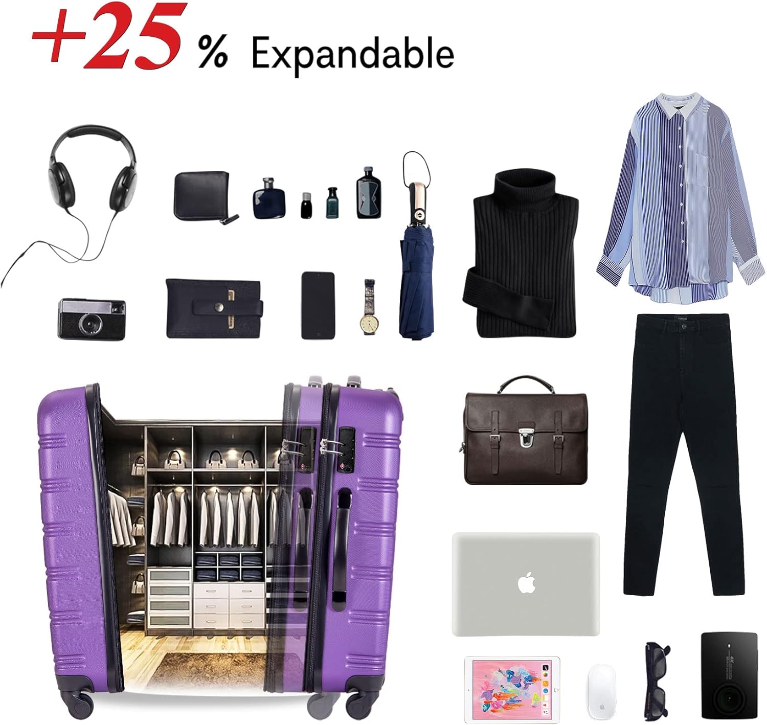 Image illustrating the expandable feature of the Merax luggage, showing an additional 25% capacity and various items that can be packed.