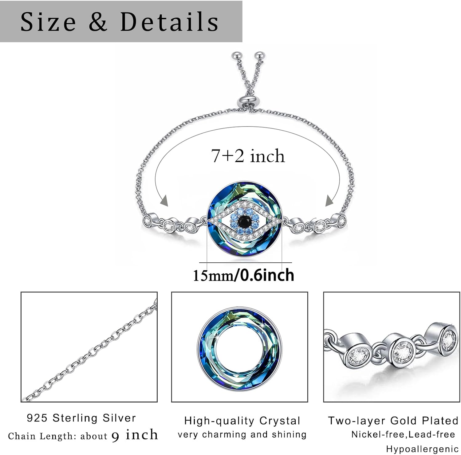 WINNICACA Evil Eye Bracelet Anklet for Women Sterling Silver Evil Eye Adjustable ojo Protection Crystal Bracelet Vintage Amulet Jewelry Christmas Anniversary Birthday Gifts for Her Sister Girlfriend - Image 4