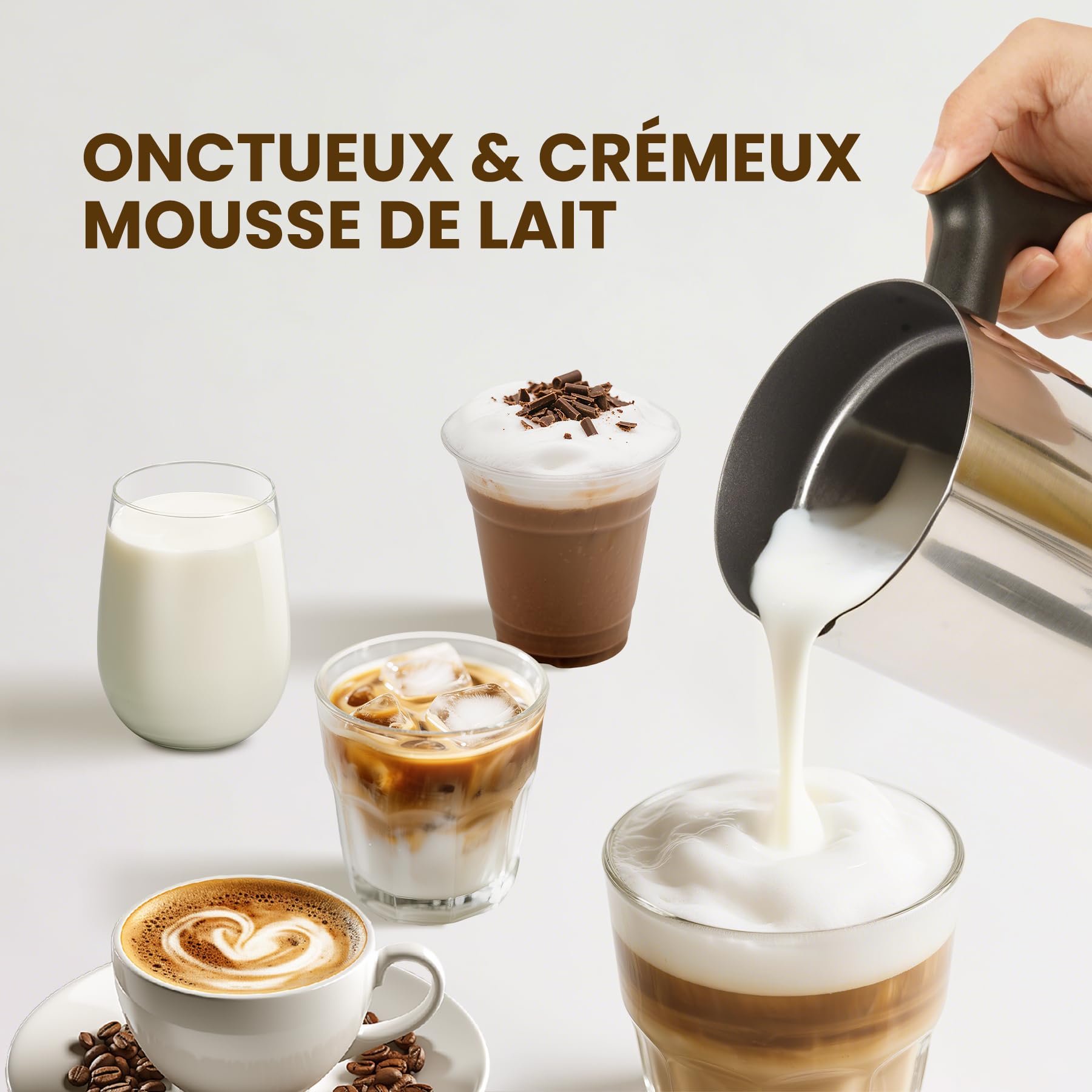 Mousseur à Lait Électrique 4 en 1 avec Chauffe Lait et Mousse Chaude Froide, Commande par Boutons, Carafe en Acier Inoxydable à Nettoyage Facile pour Café Latte Cappuccino