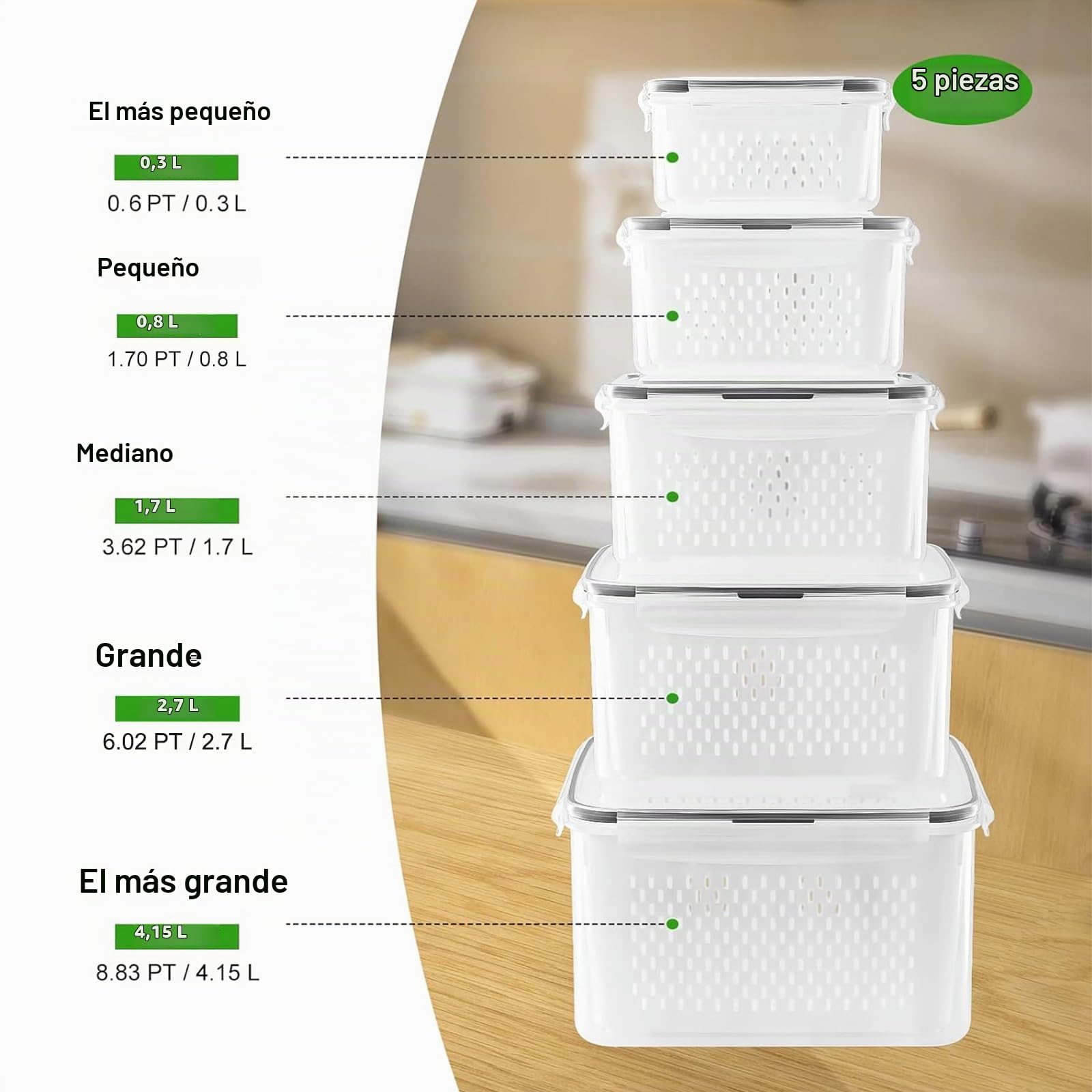 5 recipientes grandes de frutas para nevera, recipientes de almacenamiento de alimentos a prueba de fugas con colador extraíble, aptos para lavavajillas y microondas, recipientes para mantener frutas