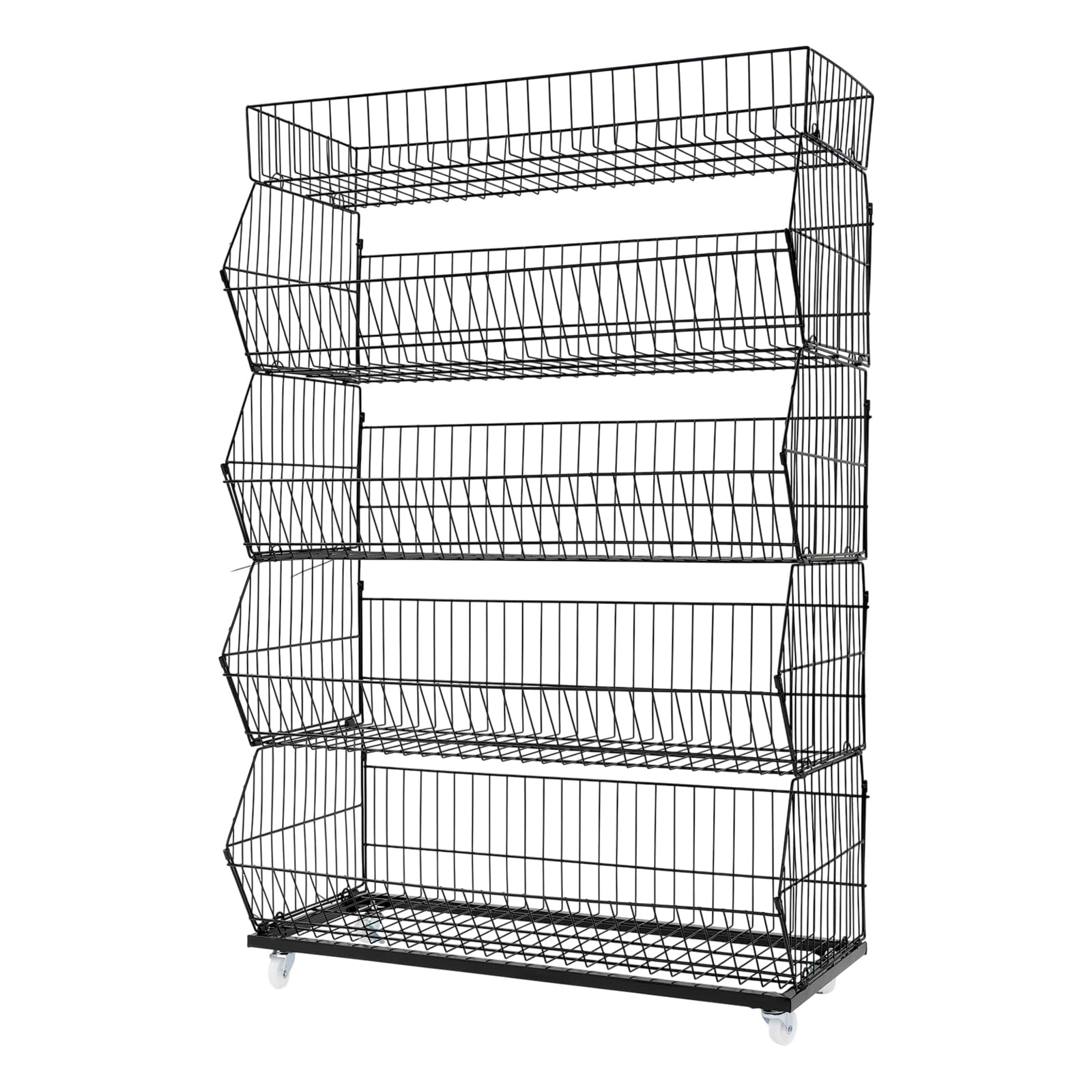 PansyWind 5-Tier Metal Display Rack 15-20kg Per Shelf Capacity with 4 Castors Slanted Wire Baskets for Supermarkets Kitchens & Market Stalls Etc 90 * 43 * 136 (Black)