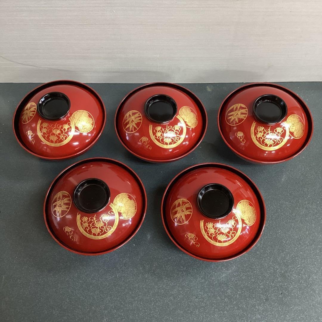 木製 吸物椀 本朱 花丸沈金 5客組 吸物椀