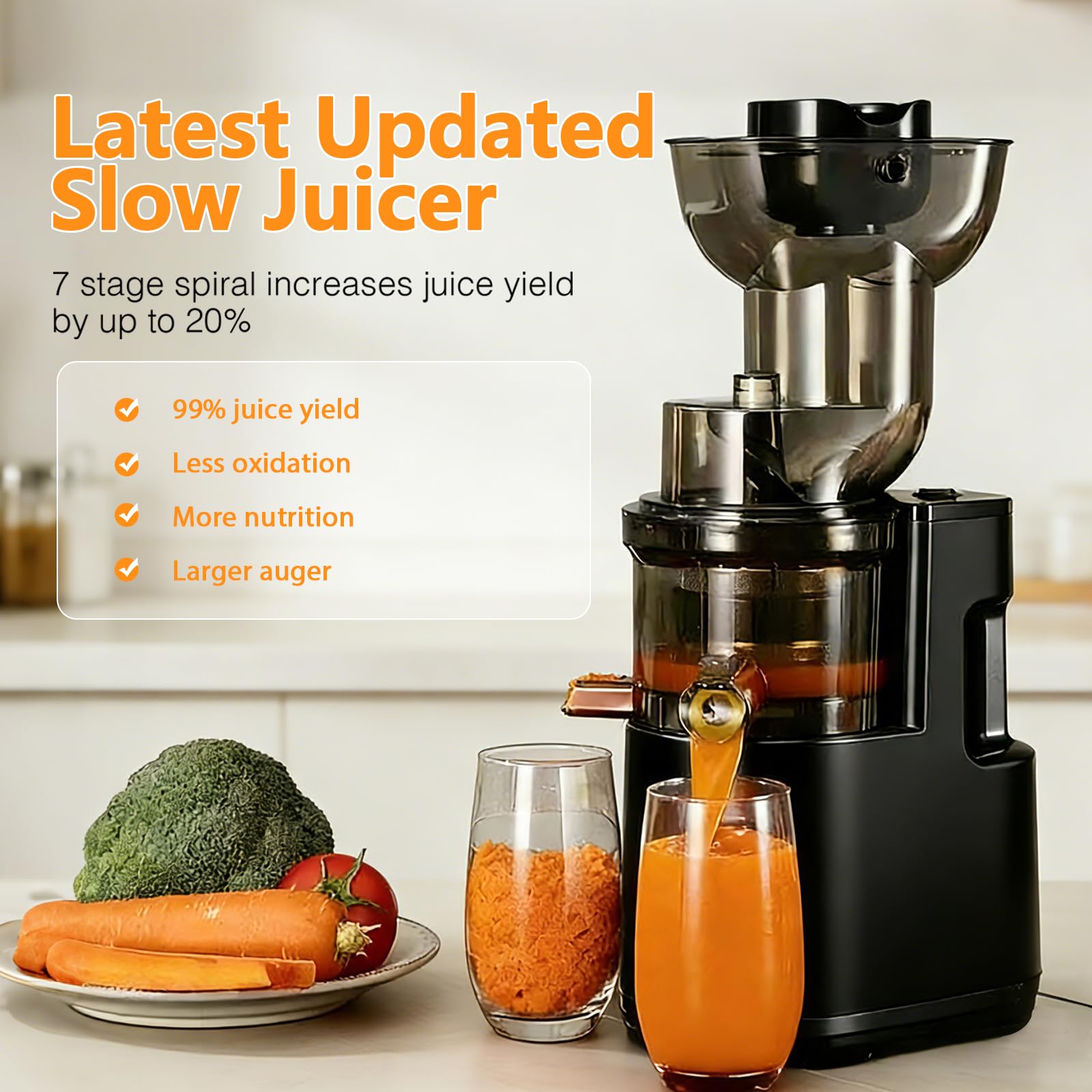 Extracteur de Jus 500W, Slow Juicer Grande Ouverture 170mm, Sans BPA, 99% de Rendement, 2 Récipients
