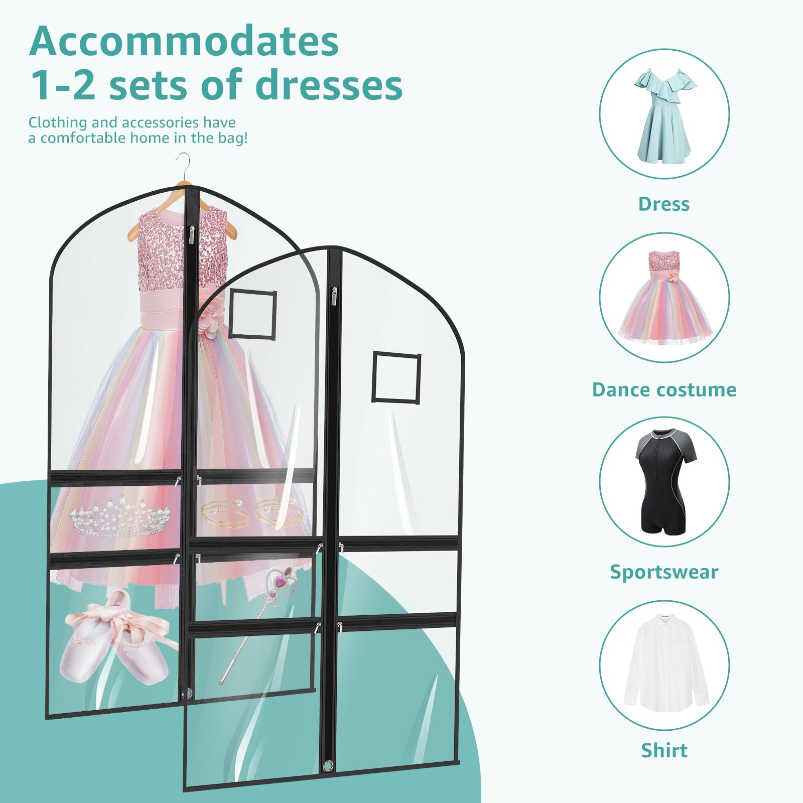 Saco para ropa de 100 x 56 cm de PVC y tela no tejida, resistente al polvo y al agua, con compartimentos y compartimento para placa de nombre, funda transparente para trajes, vestidos, abrigos