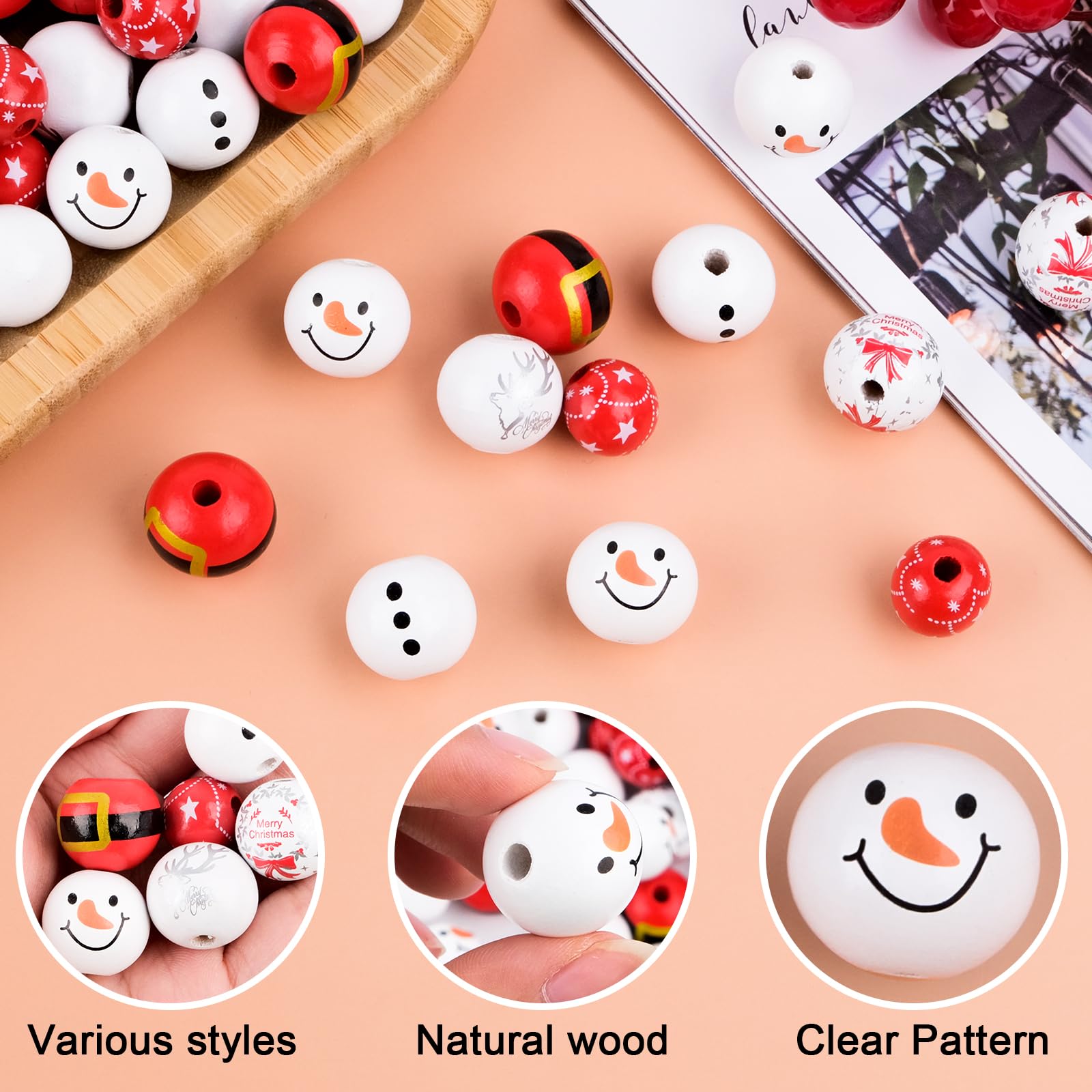 80 Perles En Bois De Noël Bonhomme De Neige - 1,5 à 2 Cm, Avec Corde De Chanvre - DIY Déco