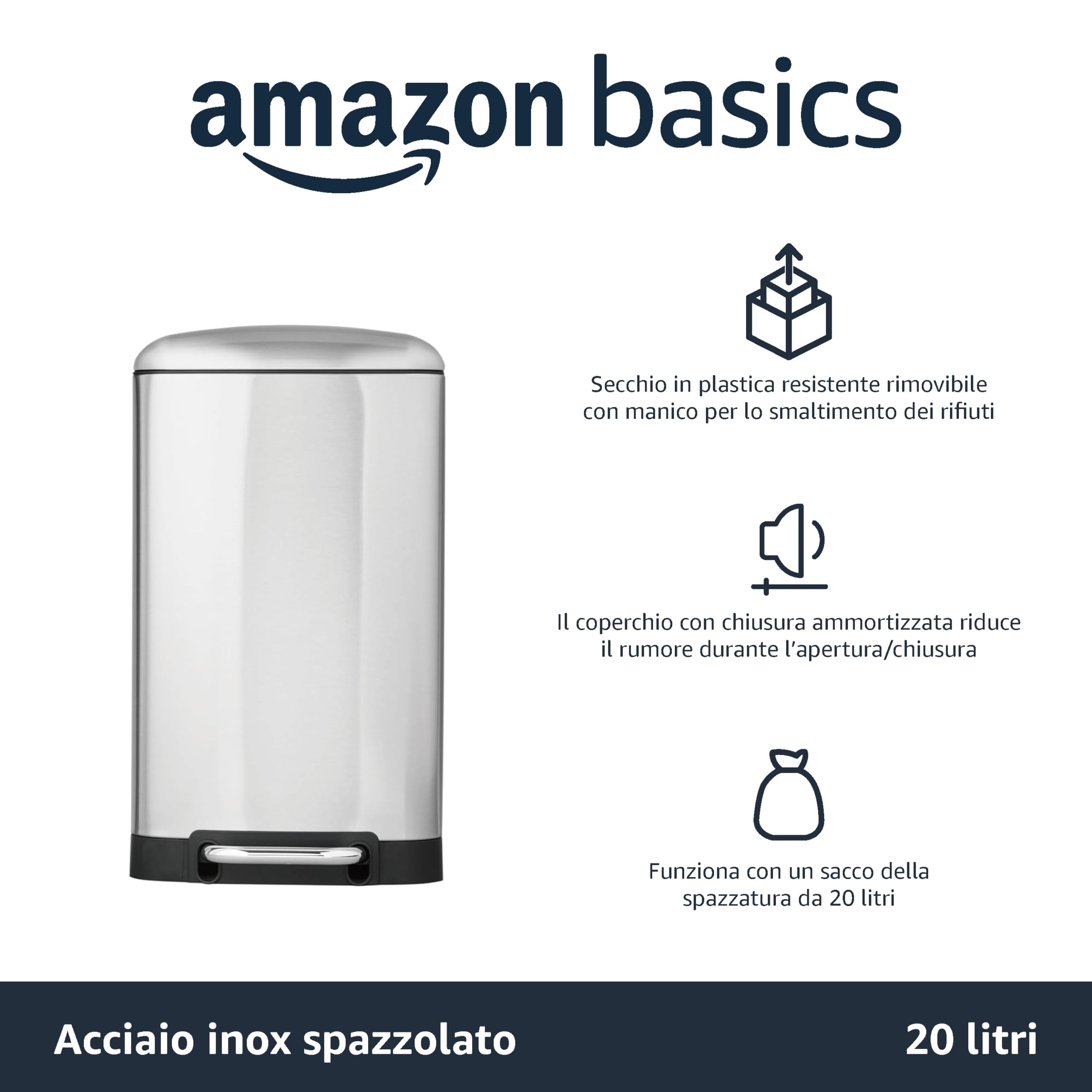 Amazon Basics Pattumiera rettangolare, piccola, resistente alle macchie, con pedale a chiusura ammortizzata, per bagno, camera da letto, soggiorno o ufficio, 20 l, in nichel, argento