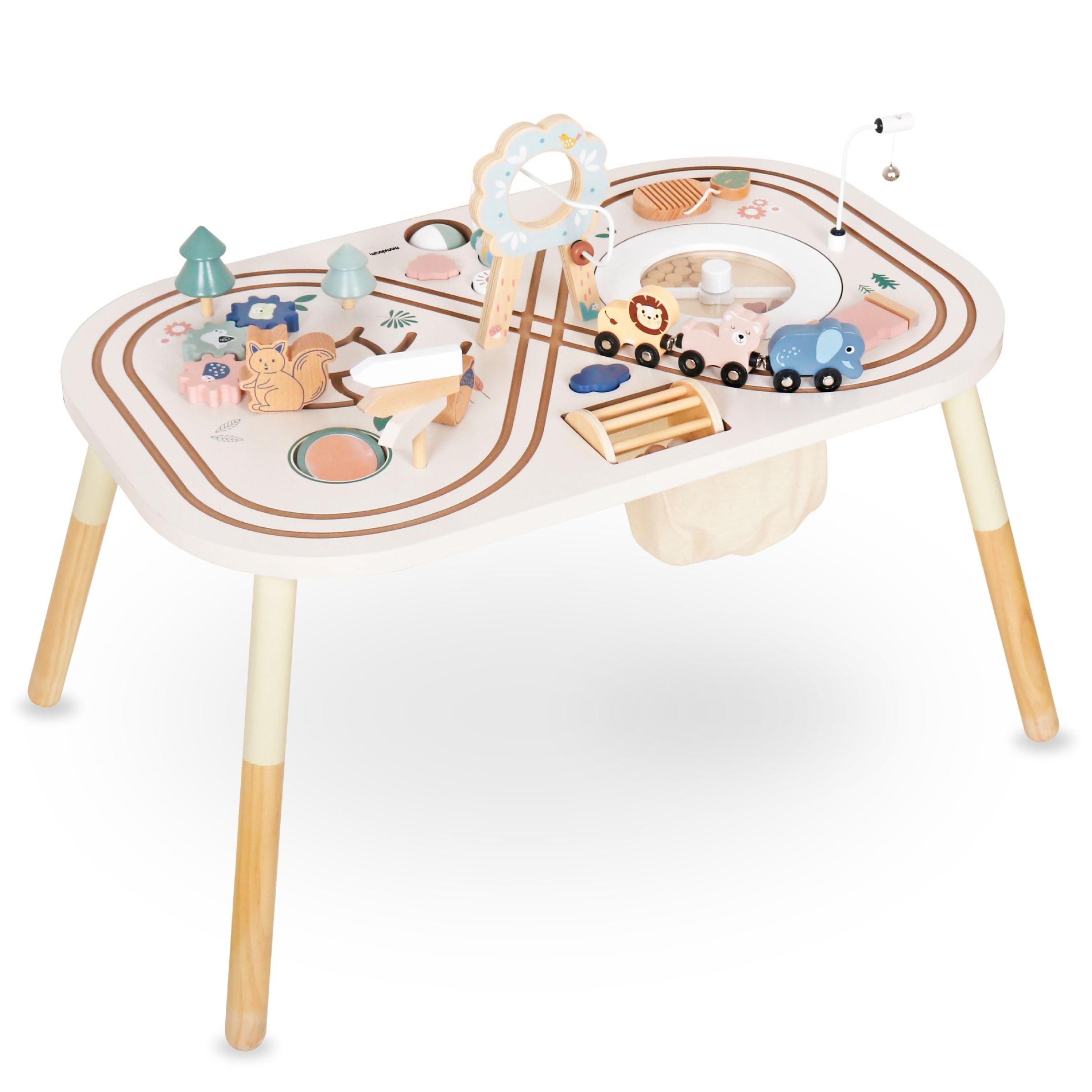 mamabrum Mesa Educativa de Madera 10 en 1 - Juguete Didáctico con Actividades Sensoriales para Niños +1 Año - Centro de Juegos con Engranajes, Laberinto y Tren - 81x52x64,5 cm