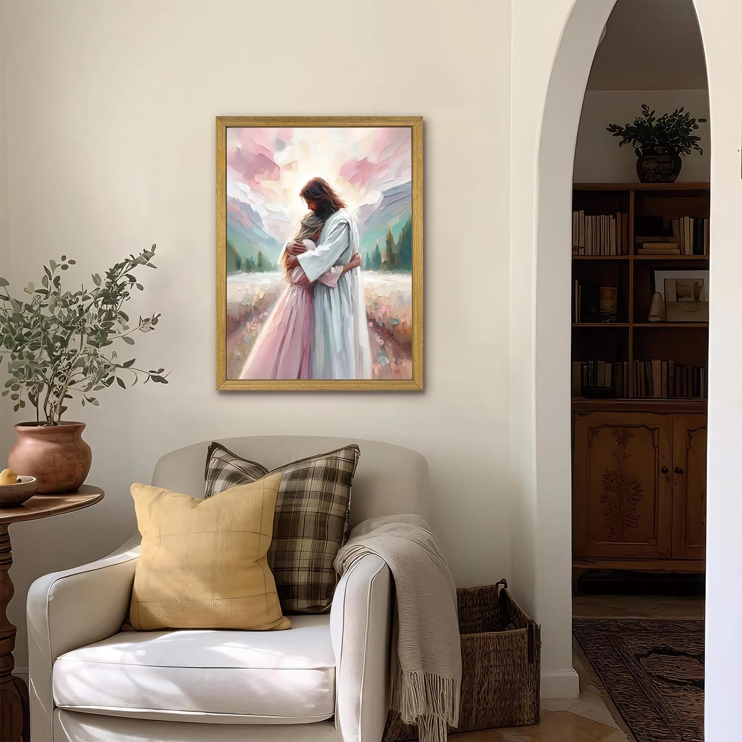 Pink Jesus Wall Art, Christian Canvas Wall Decor Paintings, Jesus Healing Embracing Woman Posters Print Artwork, Pink Room Decor for Living Prayer Church Bedroom 12x16 inch Framed