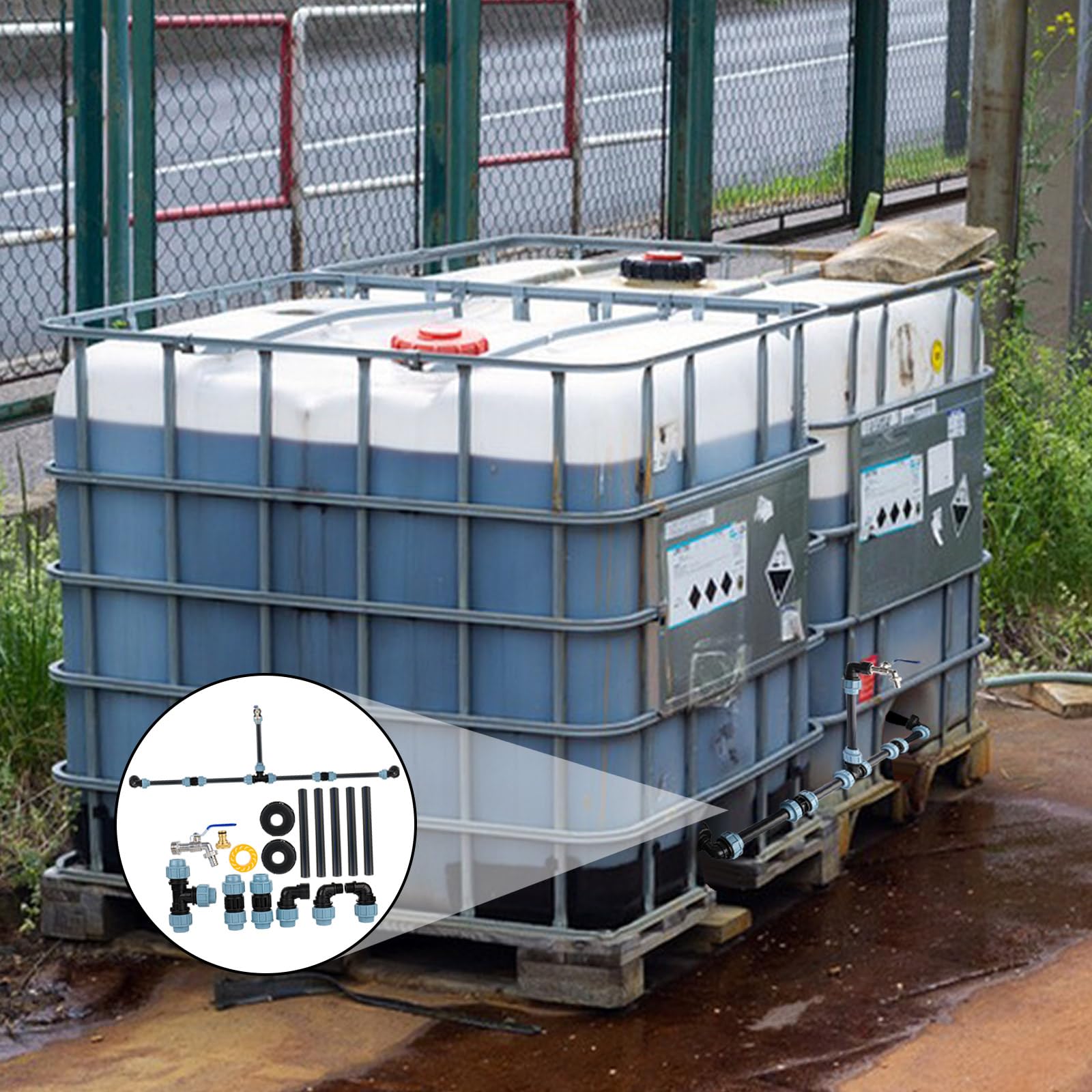 Ibc adapter z mosiężną łabędzią szyją, kran S60 x 6, kurek odcinający 3/4 cala, do 2 zbiorników IBC obok siebie/zbiorników na deszczówkę w zestawie, akcesoria do zbiornika IBC, zbiornik na wodę