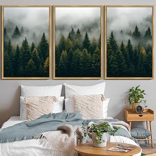 Drsoum Fog Pine Tree Landscape Wall Art Framed Nature Misty Nordic Forests Prints Morden Farmhouse Rustic Artwork Hallway Bathroom Ready to Hang 24x36in Natural Framed