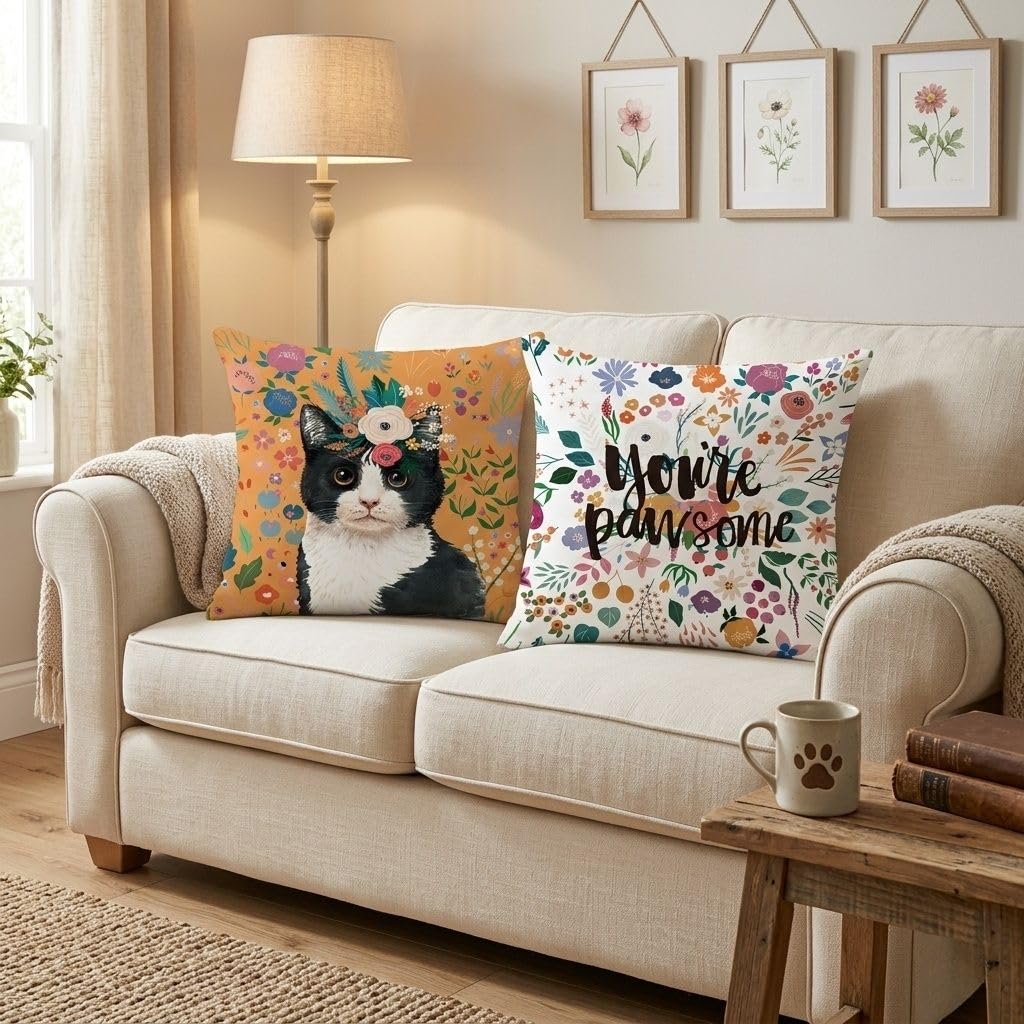 Set 4 Federe Cuscino Gatti e fiori, Velluto 45x45cm, Cerniera invisibile, Lavabile