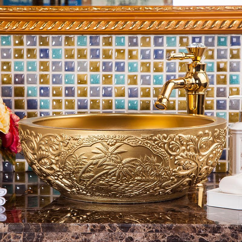 Złota vintage rzeźbiona artystyczna ceramiczna umywalka, luksusowy tłoczony blat okrągły zlew łazienkowy