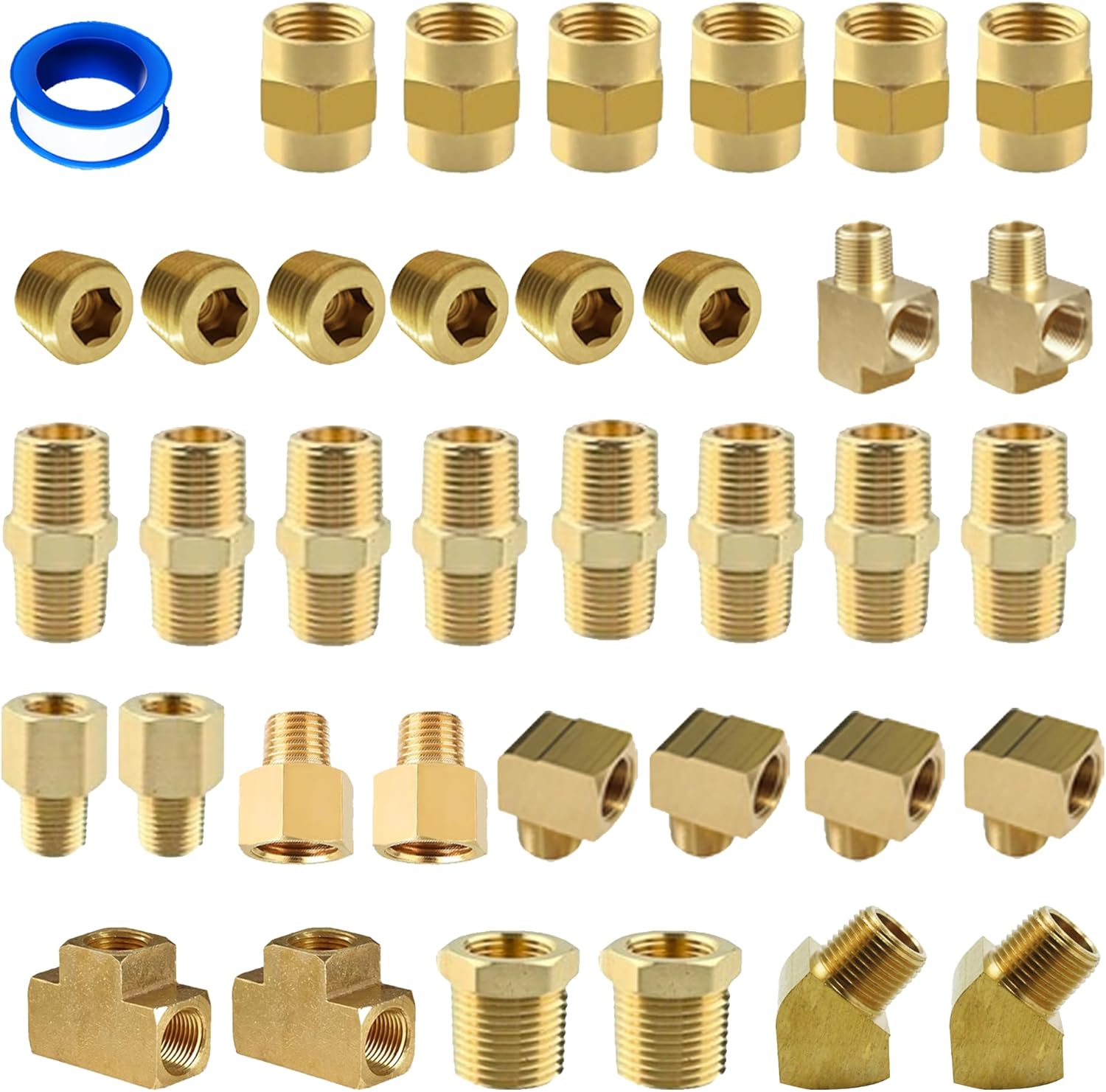 Brass Fittings Assorted 37pcs 1/4" NPT Kit, Female Tee, Coupler, Pipe Plug, Extension, Reducing Adapter, Reducing Bushing, Metric Hex Nipple, Street Tee, 90 and 45 Degree Street Elbow