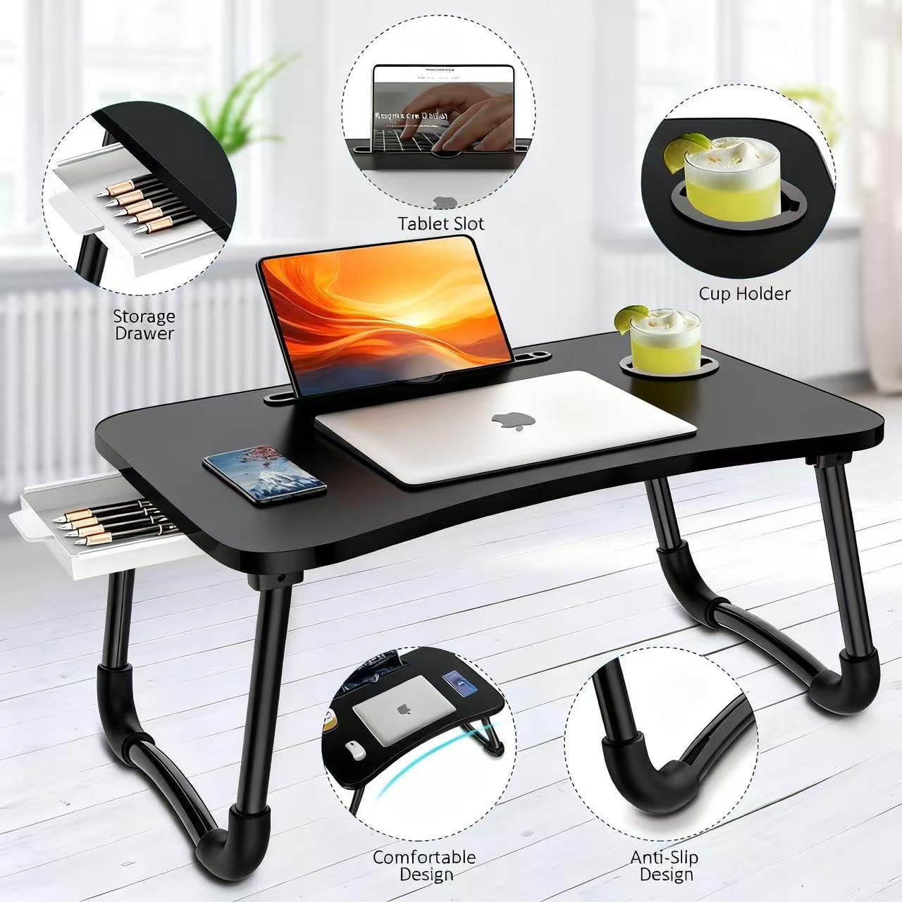 Biurko na laptopa do łóżka, Fayquaze składany stolik na laptopa z szufladą do przechowywania i uchwytem na kubek, stojak na biurko na laptopa stolik na łóżko taca do serwowania do jedzenia, czytania i pracy na łóżku kanapa sofa (czarny)