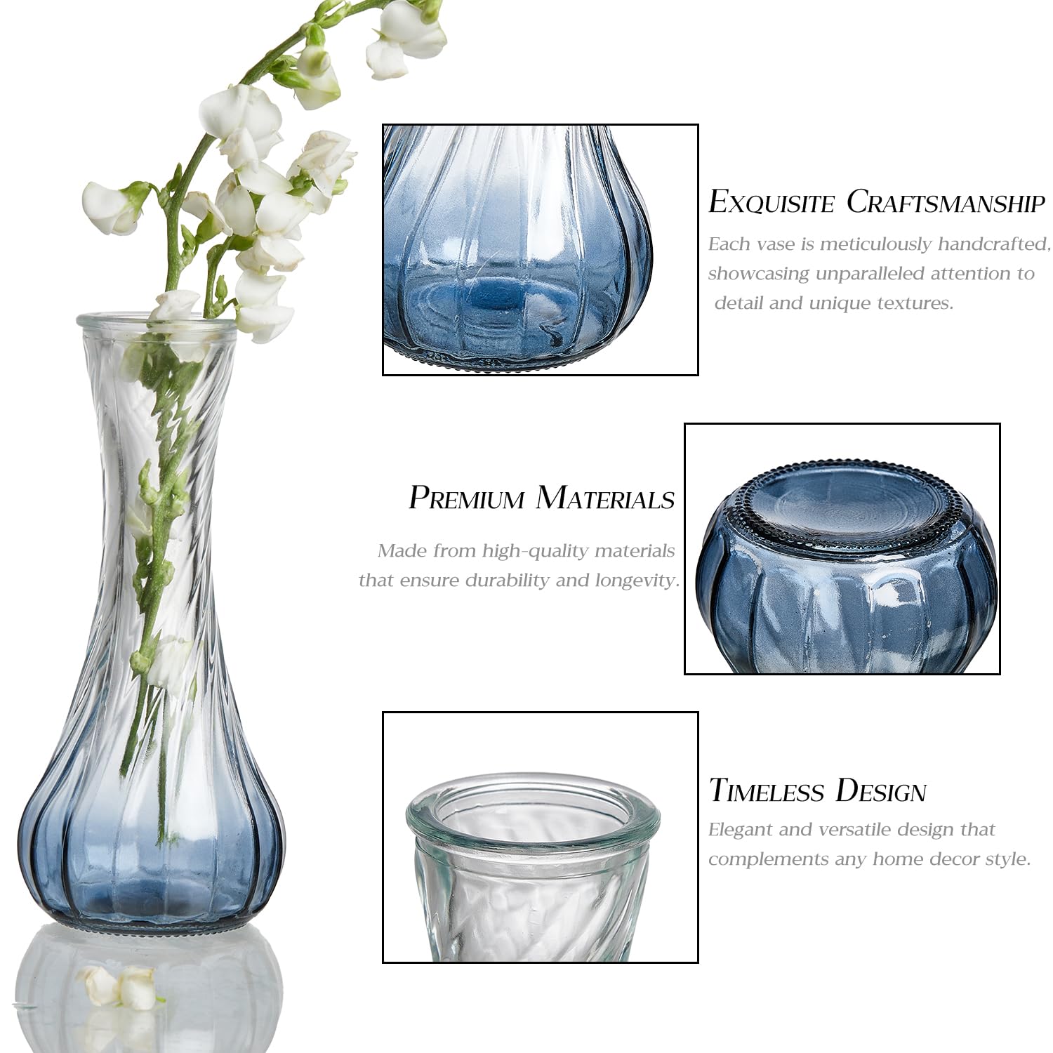 Juego de 60 jarrones de cristal para flores a granel, jarrones de cristal vintage surtidos para flores, centros de mesa (azul, 60 piezas)