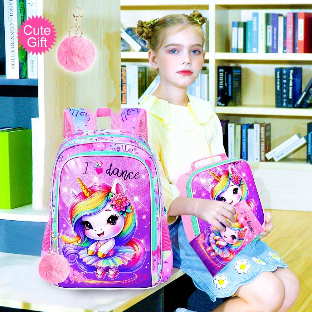 CCJPX 3PCS Unicorn Backpack for Girls, 16 Inch Kids Water Resistant Preschool Bookbags with Lunch Box, Cute Ballet Elementary School Backpacks for Kindergarten Toddler Travel - Image 7