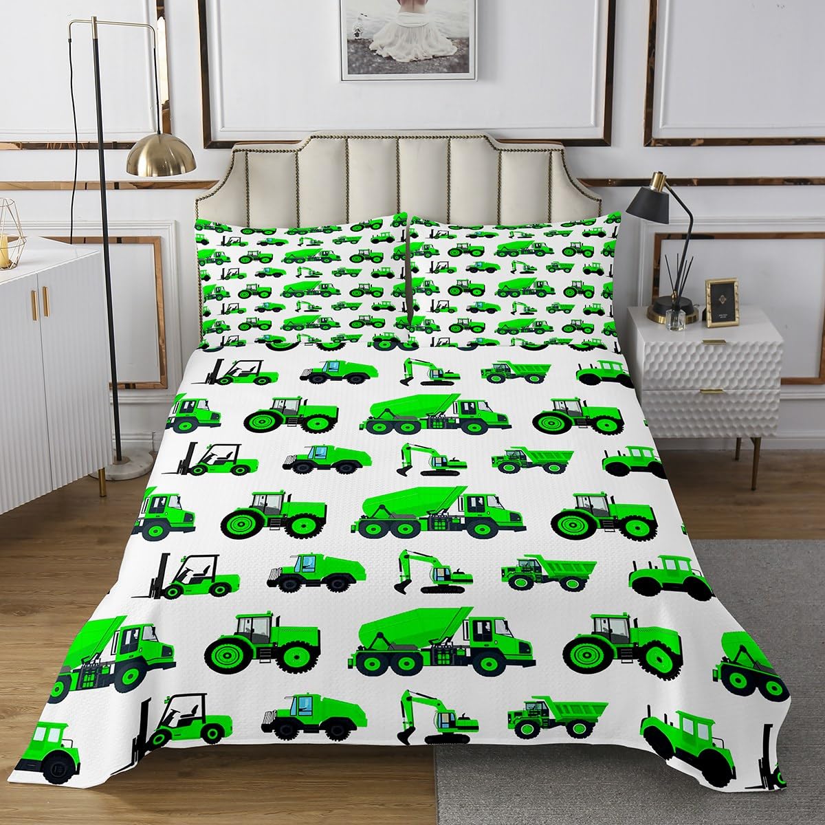 Manfei Kinder BAU Tagesdecke L Größe,Cartoon Auto Bettwäsche Set Jungen Teens Zimmer Dekor,grüne Bagger Fahrzeuge Tröster Set LKW Traktor Coverlet Quilt,2 Kissenbezug