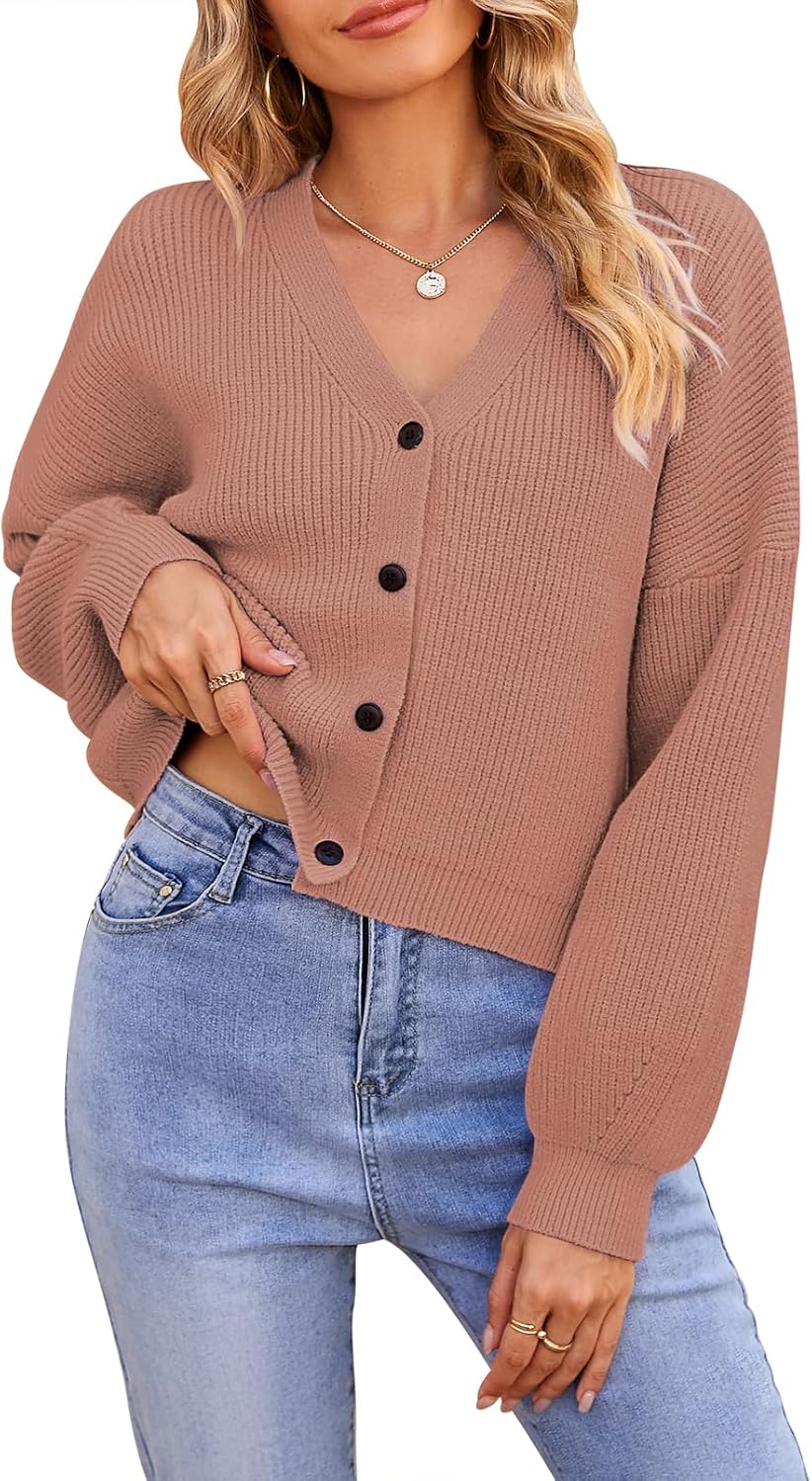 Pink Queen Women's 2025 Fall Button Down V Neck Batwing Long Sleeve Ribbed Knit Cropped Cardigan Sweater Top X-Large Smoke Rose