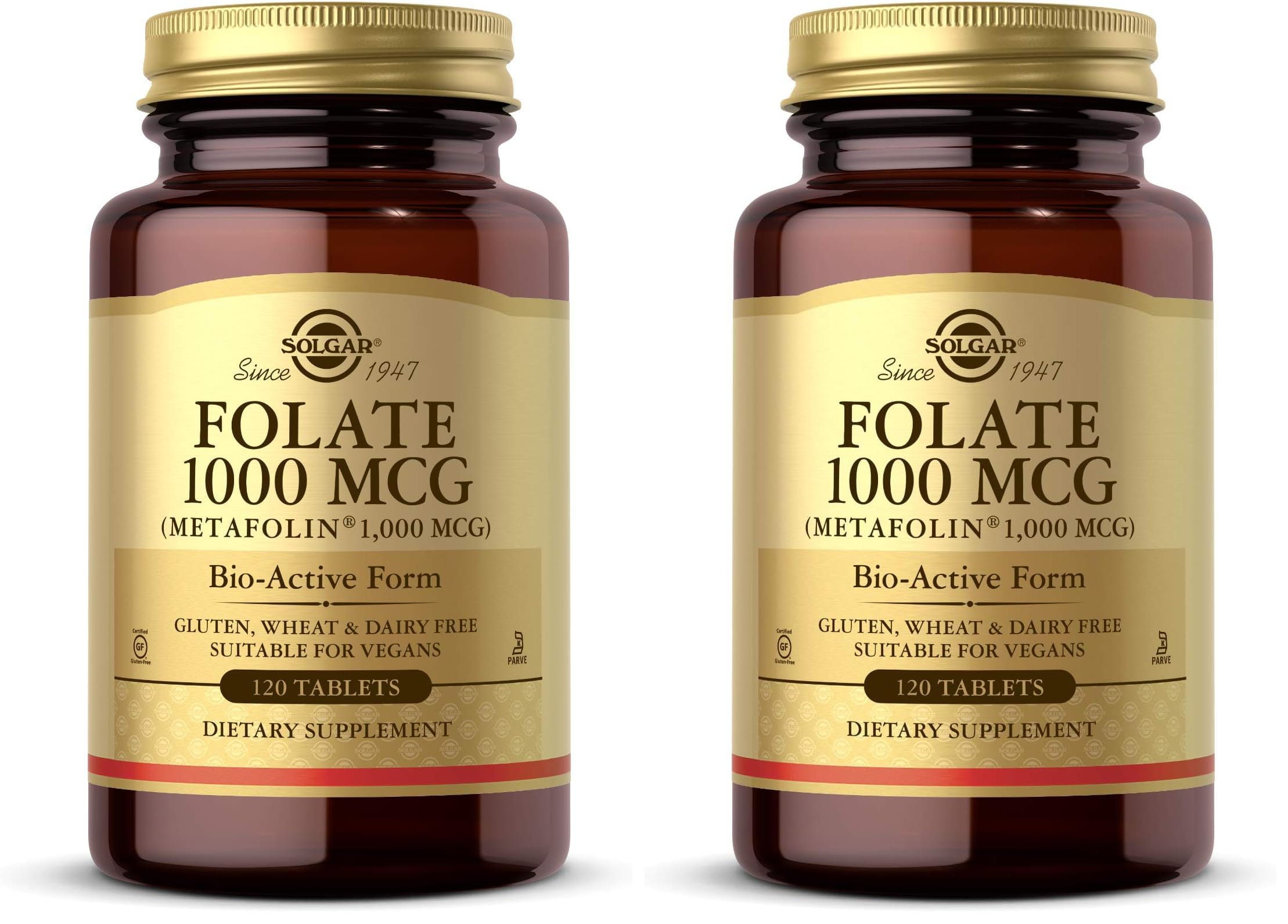 Solgar Folate 1000 mcg, 120 Tablets - 1000 mcg Bio-Active Metafolin - Vegan, Gluten Free, Dairy Free, Kosher - 120 Servings,(Pack of 2) 120 Count (Pack of 2)