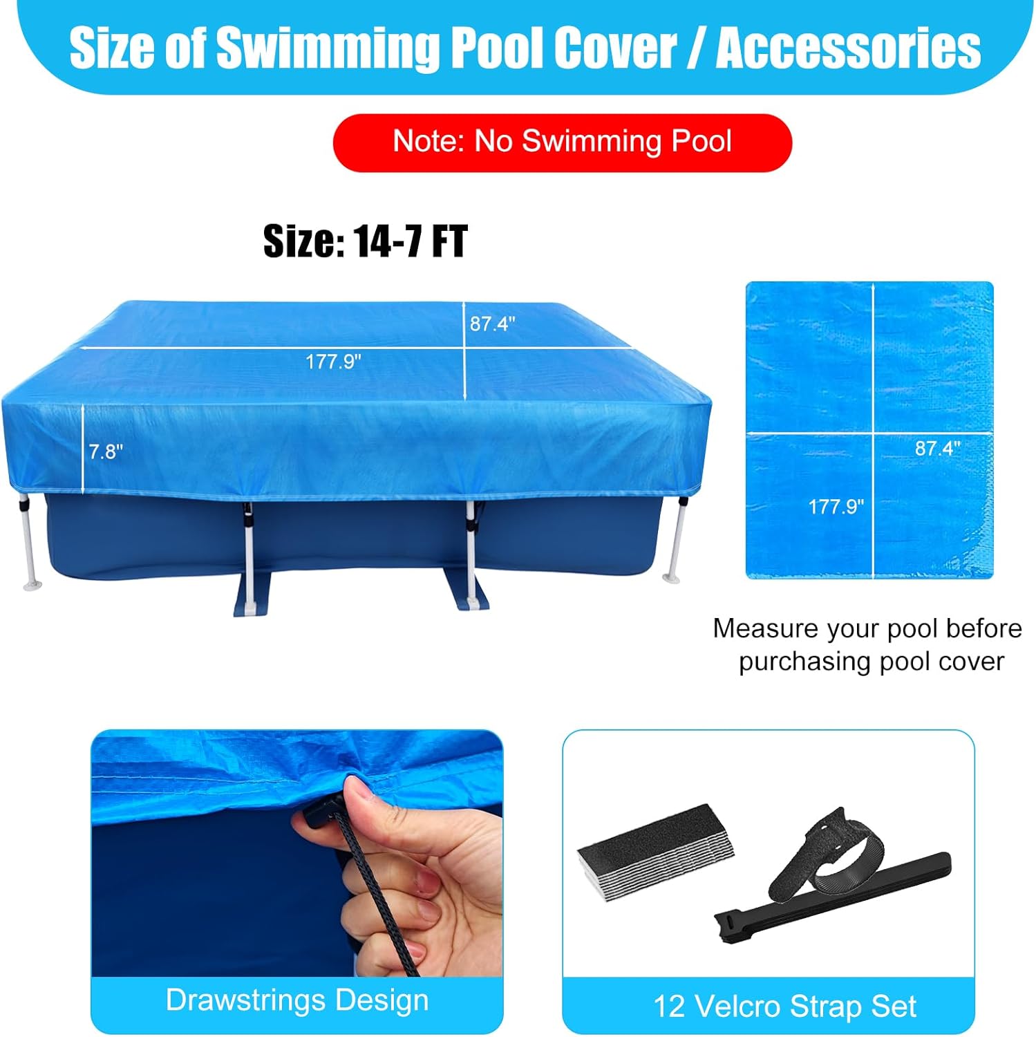 14 x 7 Rectangle Frame Pool Cover 177 X 87inch Regular Pool Cover 14 ft Rectangular Frame Cover with Ropes 178" x 86" Rainproof Dust PE Blue Dustproof Rainproof Waterproof