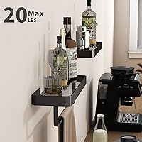 Vista 4 de Danpoo Estantes de baño flotantes negros de 16 pulgadas con toallero, estante de pared de vidrio templado transparente, paquete de 2