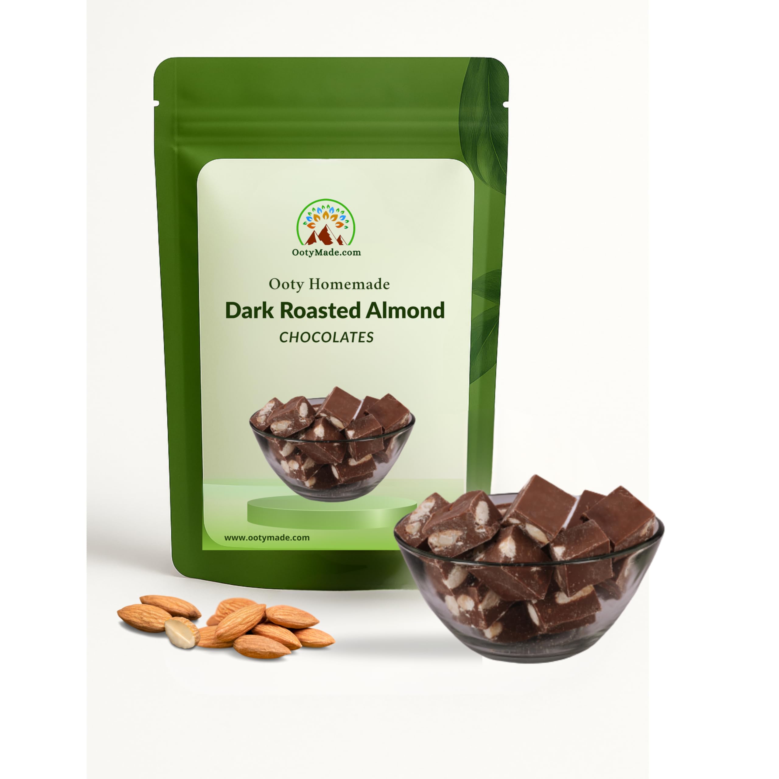 OotyMade.com Dark Chocolate with Roasted Almonds-Vegan,Organic,Sugarless, Healthy, Homemade, 500gm - Almond Coated Ooty Homemade Dark Chocolate Bar
