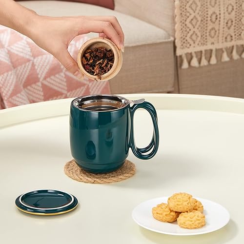 Miniatura 4 de ZENS Taza de té con infusor y tapa, 16 onzas, mango entrelazado, taza de té de hojas sueltas con tapa dorada para regalo de té, verde oscuro, 16.2