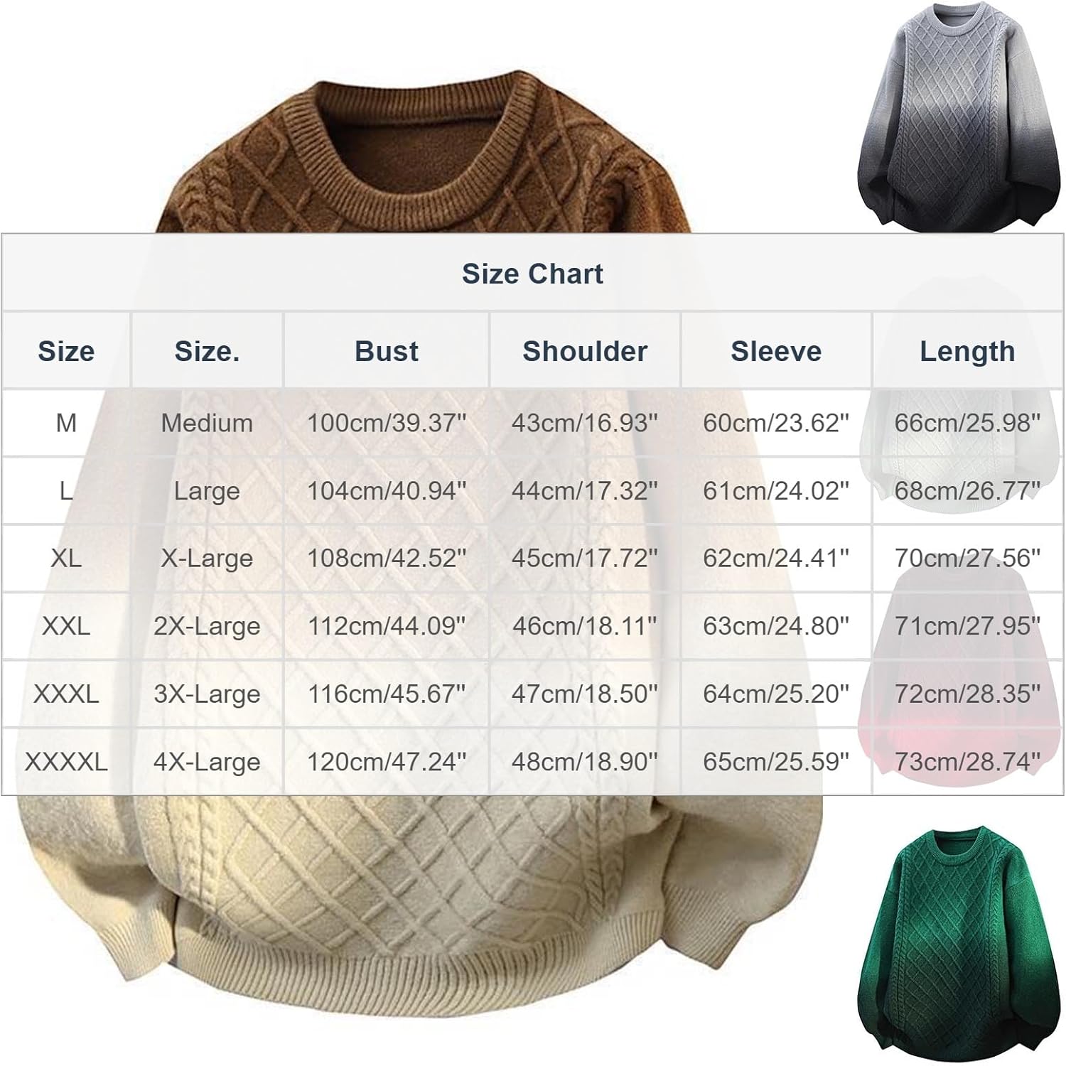 Cambkatl Stylish Gradient Sweaters for Men Crewneck Cozy Cable Knit Pullovers Long Sleeve Loose Jacquard Jumper Tops