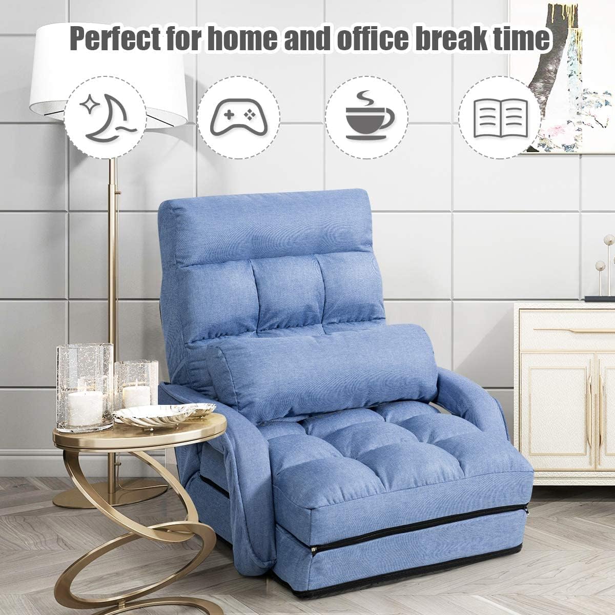 LUARANE Adjustable Massage Floor Sofa Chair, Foldable Lazy Sofa with 5-Position Adjustable Backrest Lumbar Pillow Armrests, Indoor Lounger Bed for Bedroom Living Room (Blue)