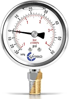 Stainless Steel Pressure Gauge Dual Display (-30 Hg - 0-60 psi/kPa) - 2 1-2" Glycerine Liquid Filled Water Air Oil Gas Gauge with Polycarbonate Lens - Compound Vacuum - 1/4" NPT