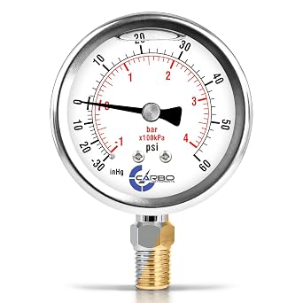 2 1-2" Pressure Gauge, Stainless Steel Case, Chrome Plated Brass Connection, Lqiuid Filled, Compound Vacuum -30 Hg - 0-60 psi Lower Mount 1/4" NPT